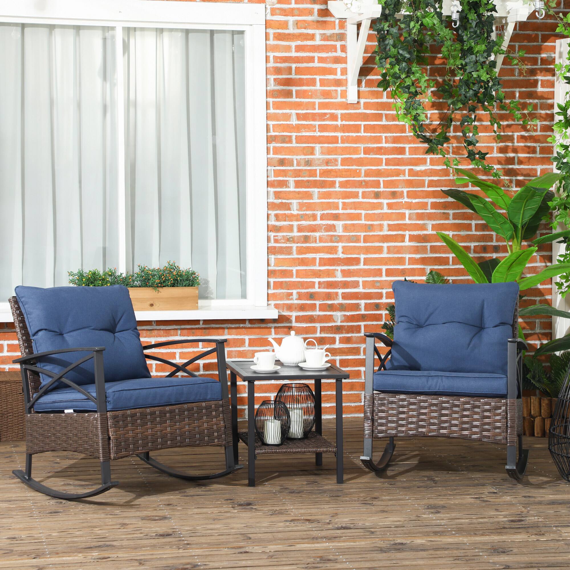 Alt View 1. Outsunny - Piece Rocking Bistro Set, Outdoor Wicker Patio Conversation Set with Rockers, Table, Cushions, for Garden - Dark Blue.