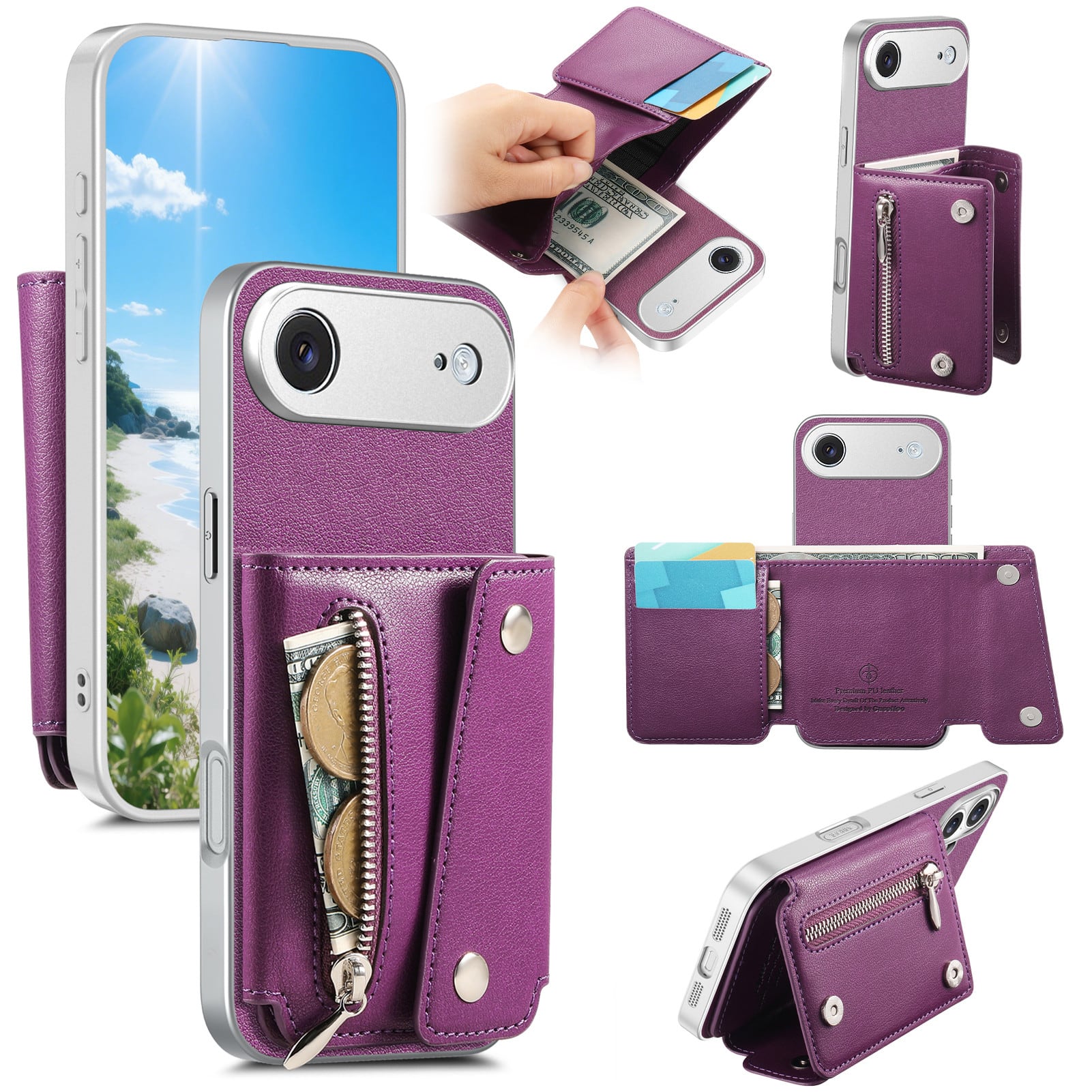 Dteck - PU Leather Wallet Case for Apple iPhone Air, Shockproof Kickstand Phone Cover with Card Slots and Zipper Pocket - Purple price history on PriceWatchPro