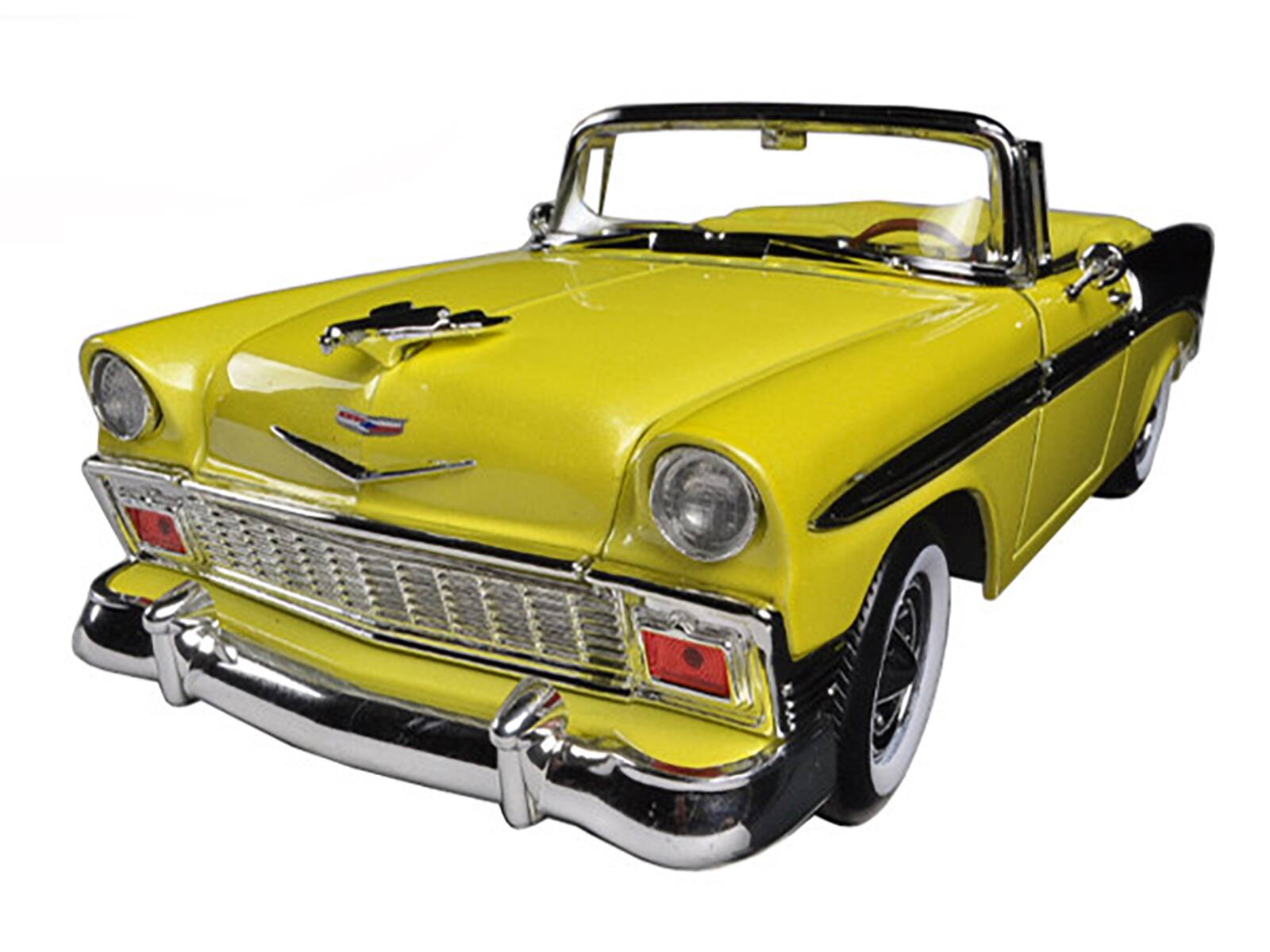 Angle. Road Signature - 1956 Chevrolet Bel Air Convertible Yellow/Black 1/18 Diecast Car Model by Road Signature - Yelow, Black.