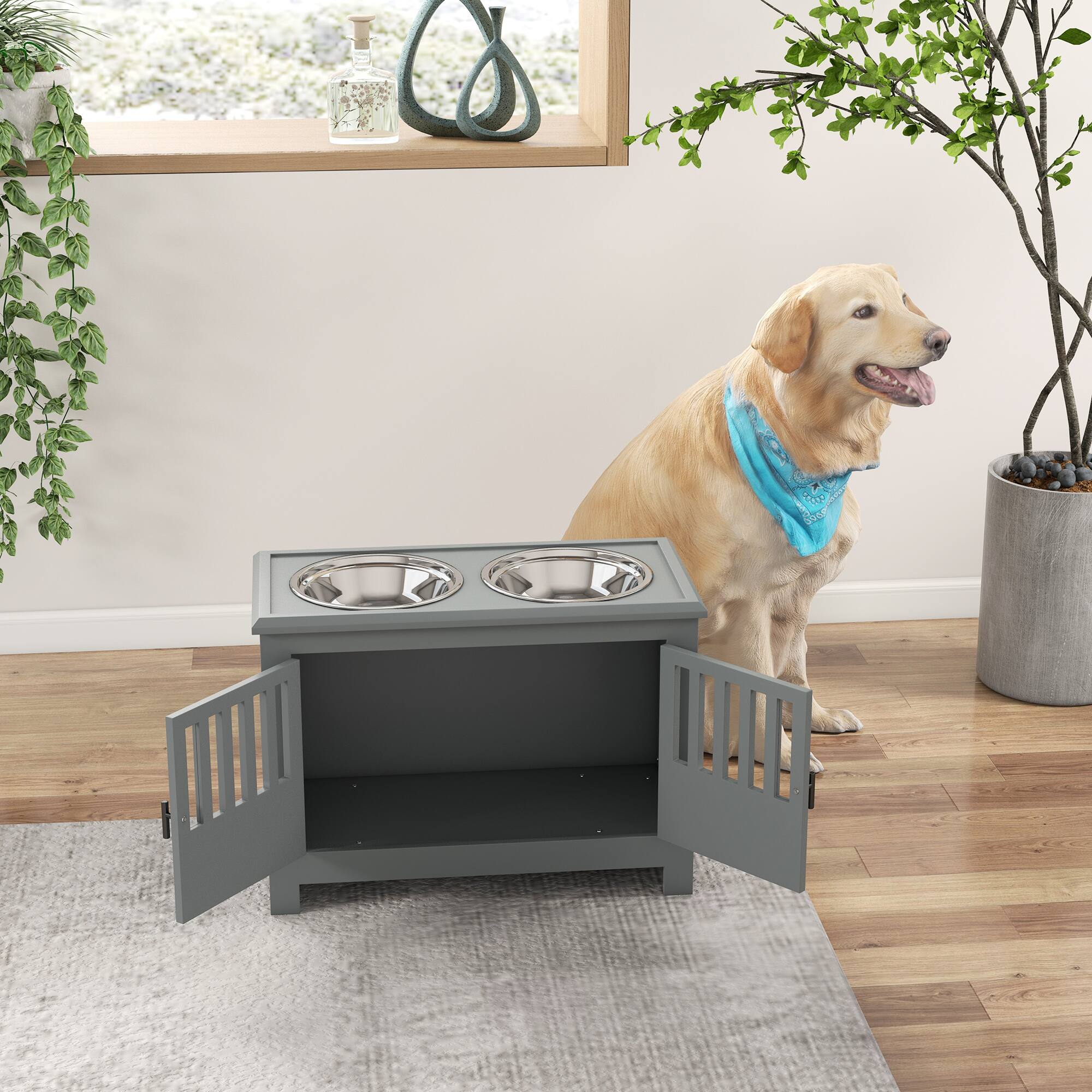 Alt View 4. Pawhut - Elevated Bowls with Storage Cabinet Containing 37L Capacity, Raised Bowl Stand, Food Bowl, Feeding Station - Gray.