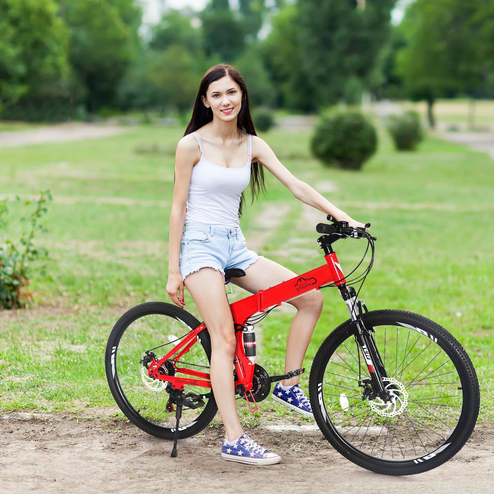 Angle. Winado - Folding Mountain Bike Full Suspension Bike 26 Inch 21 Speed MTB Bicycles Double-Kill Disc Brake,High Carbon Steel Frame - Red.