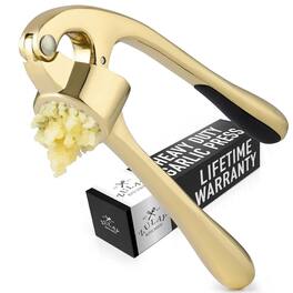 Zulay Kitchen - Premium Garlic Press with Soft, Easy to Squeeze Handle - Includes Silicone Garlic Peeler & Cleaning Brush - Gold