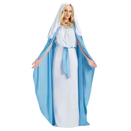 Front. Fun World - Blue and White Women's Mary Adult Christmas Costume - Blue.