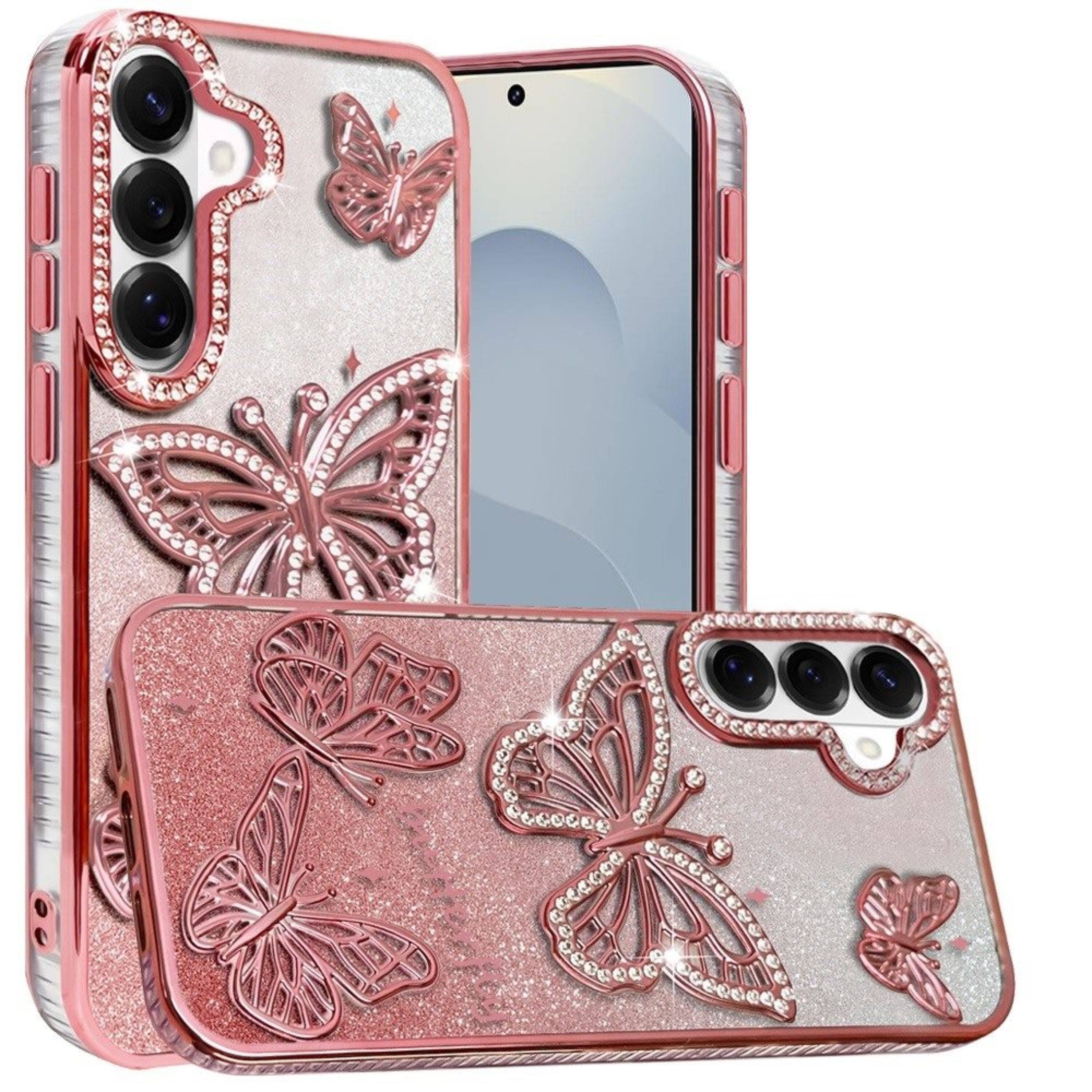 Angle. Kitcheniva - 3D Glitter Butterfly Case With Tempered Glass For Samsung S26 Black - Black.