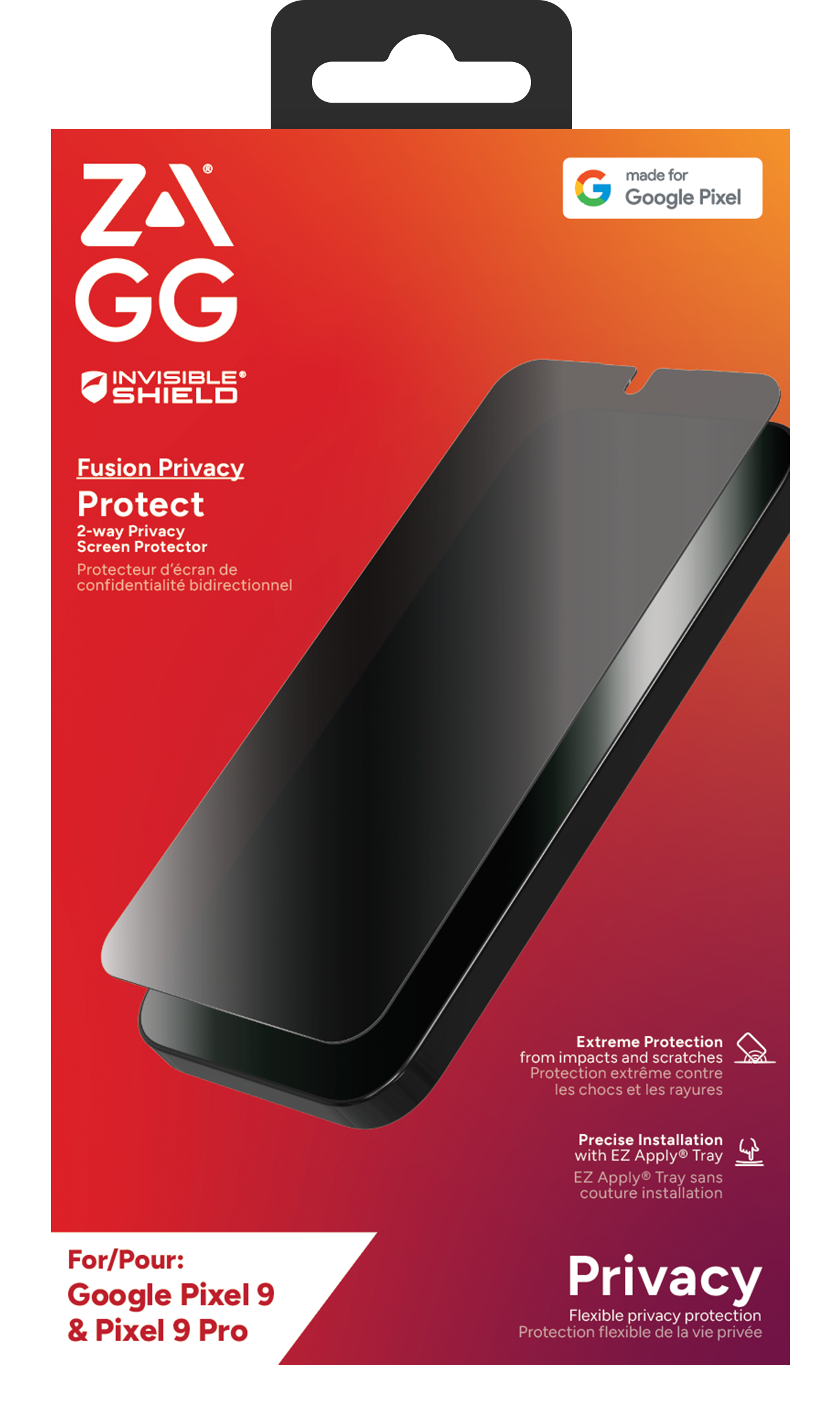 ZAGG GG Invisible Shield is a 2-way Privacy Screen Protector made for Google Pixel 9 & Pixel 9 Pro. It provides extreme protection from impacts and scratches, as well as precise installation with an EZ Apply Tray. The screen protector offers flexible privacy protection, making it a convenient and effective solution for protecting your device's screen.