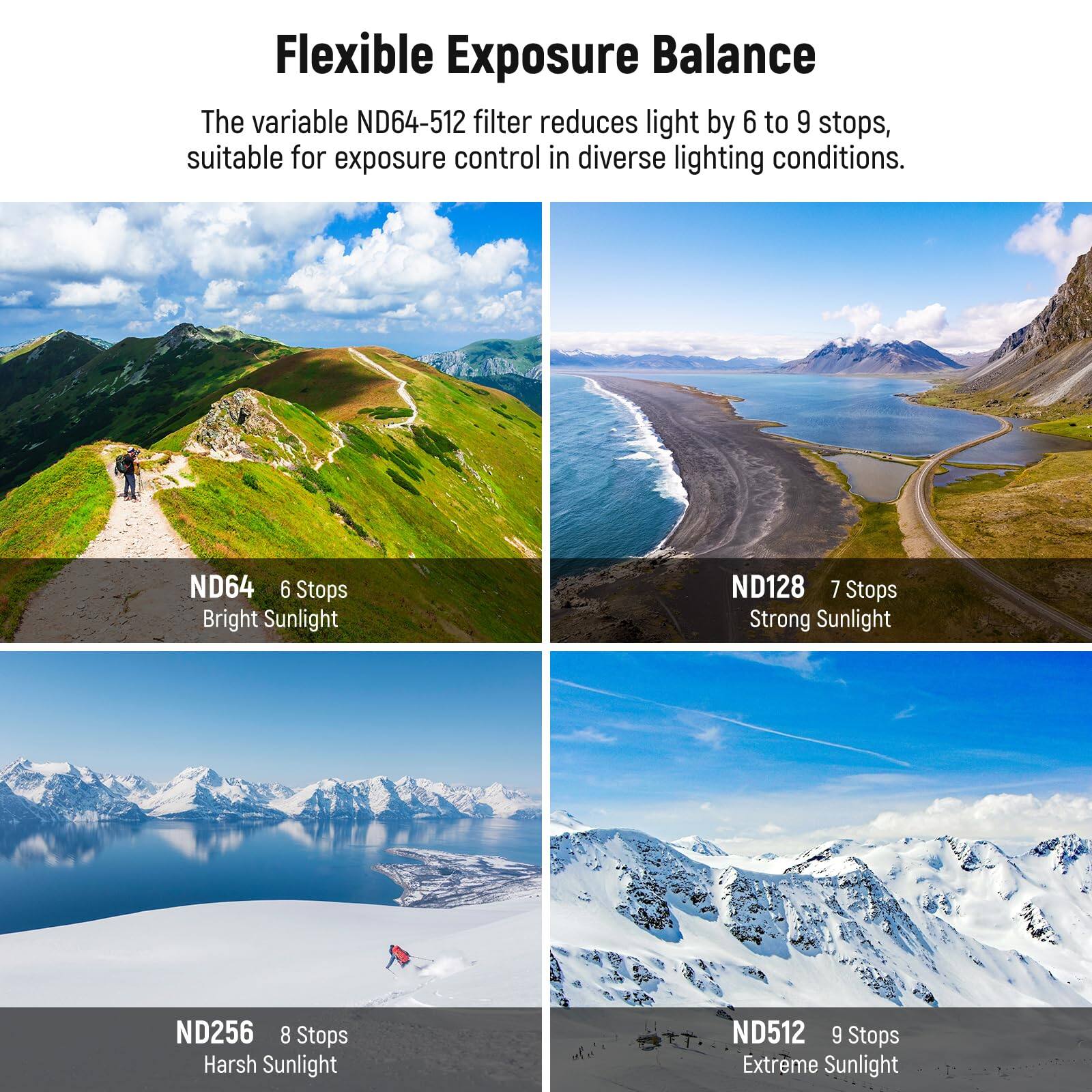 Flexible Exposure Balance

The variable ND64-512 filter reduces light by 6 to 9 stops, suitable for exposure control in diverse lighting conditions.

- ND64 6 Stops Bright Sunlight
- ND128 7 Stops Strong Sunlight
- ND256 8 Stops Harsh Sunlight
- ND512 9 Stops Extreme Sunlight