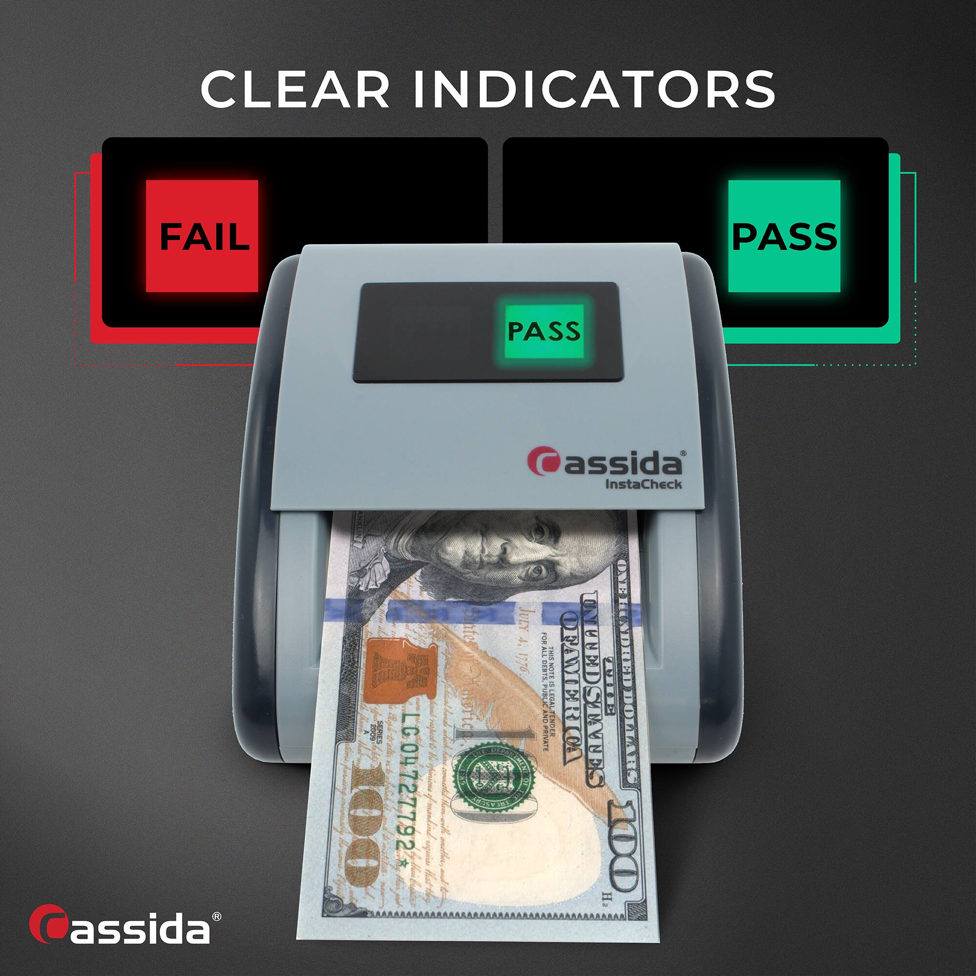 CLEAR INDICATORS

FAIL

PASS

assida InstaCheck

3 SERIES 00 LG04727792

Sinto JULY

HBTIC : CAE ONE UN

HUNDRED : LM GNC DERTS

DEEW I LEGEL BUN

FAMERICA

SCRARSCARA

DOLLARS 100

assida