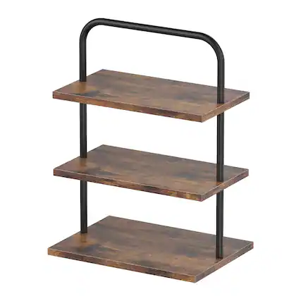Front. Oumilen - 3-Tier Rectangular Cupcake Display Stand, Rustic Wood Metal Dessert Serving Tray - Brown.