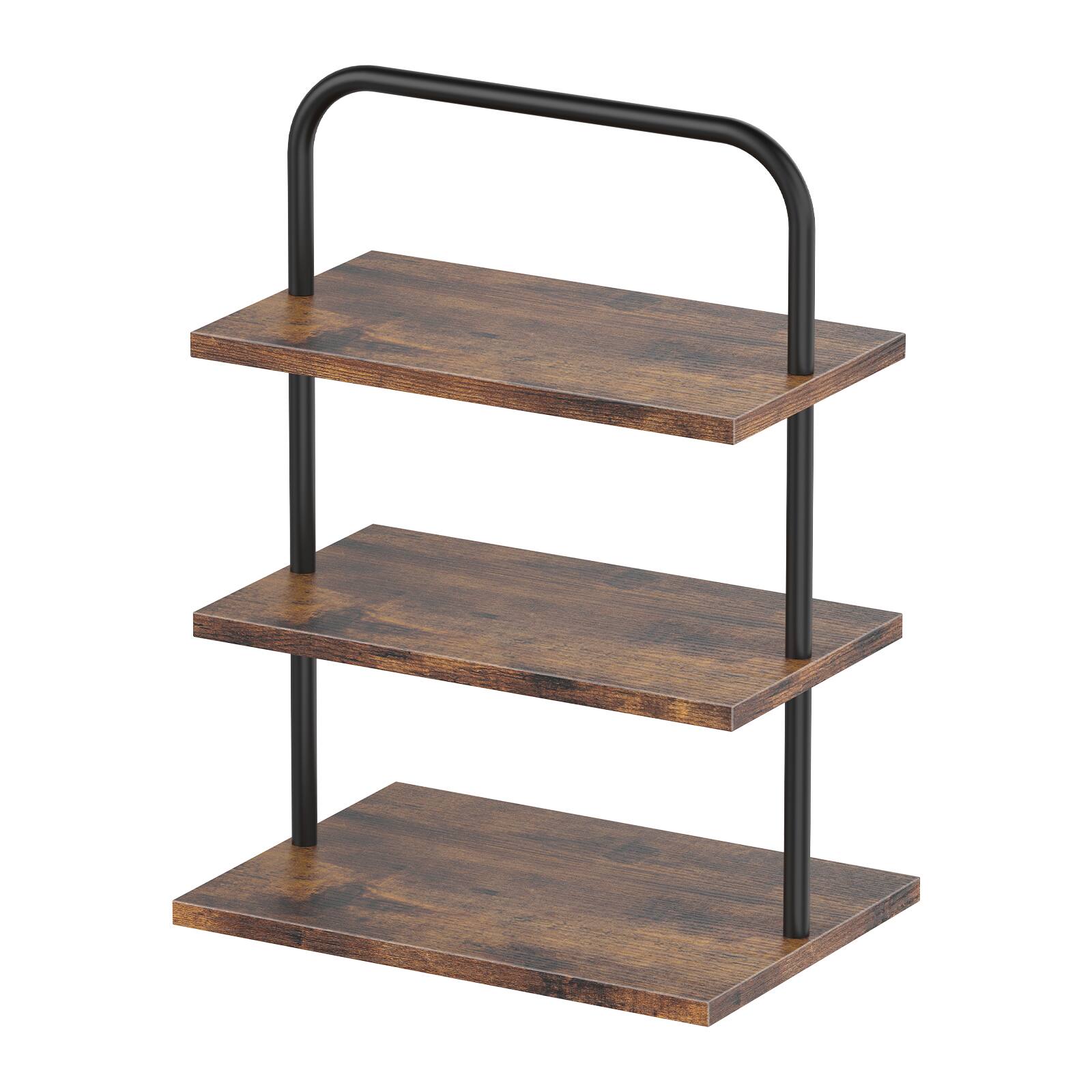 Front. Oumilen - 3-Tier Rectangular Cupcake Display Stand, Rustic Wood Metal Dessert Serving Tray - Brown.