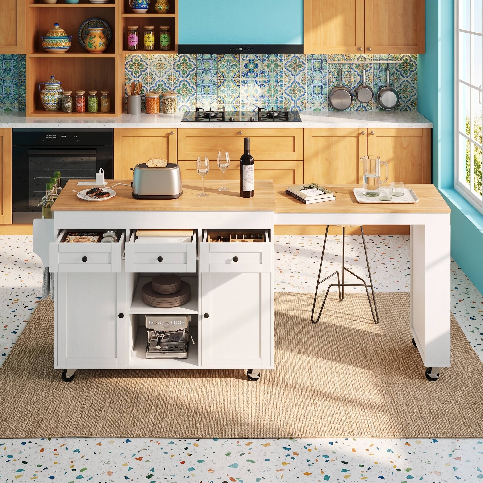 Alt View 10. Forest'nSky - 85.5 in. Kitchen Island with Extendable Dining Table, Storage, and Power Outlet, White - White.
