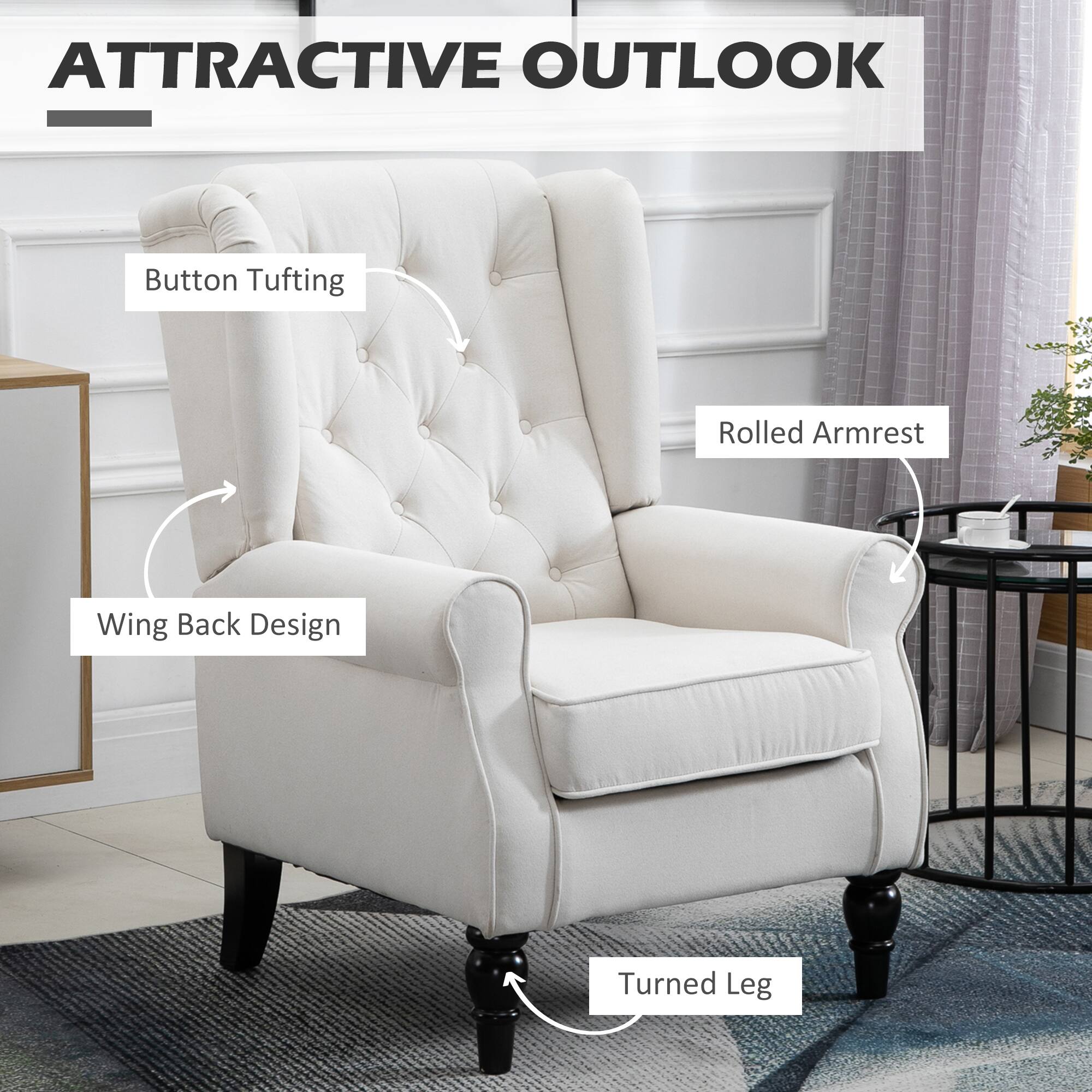 Attractive Outlook

Button Tufting
Rolled Armrest
Wing Back Design
Turned Leg