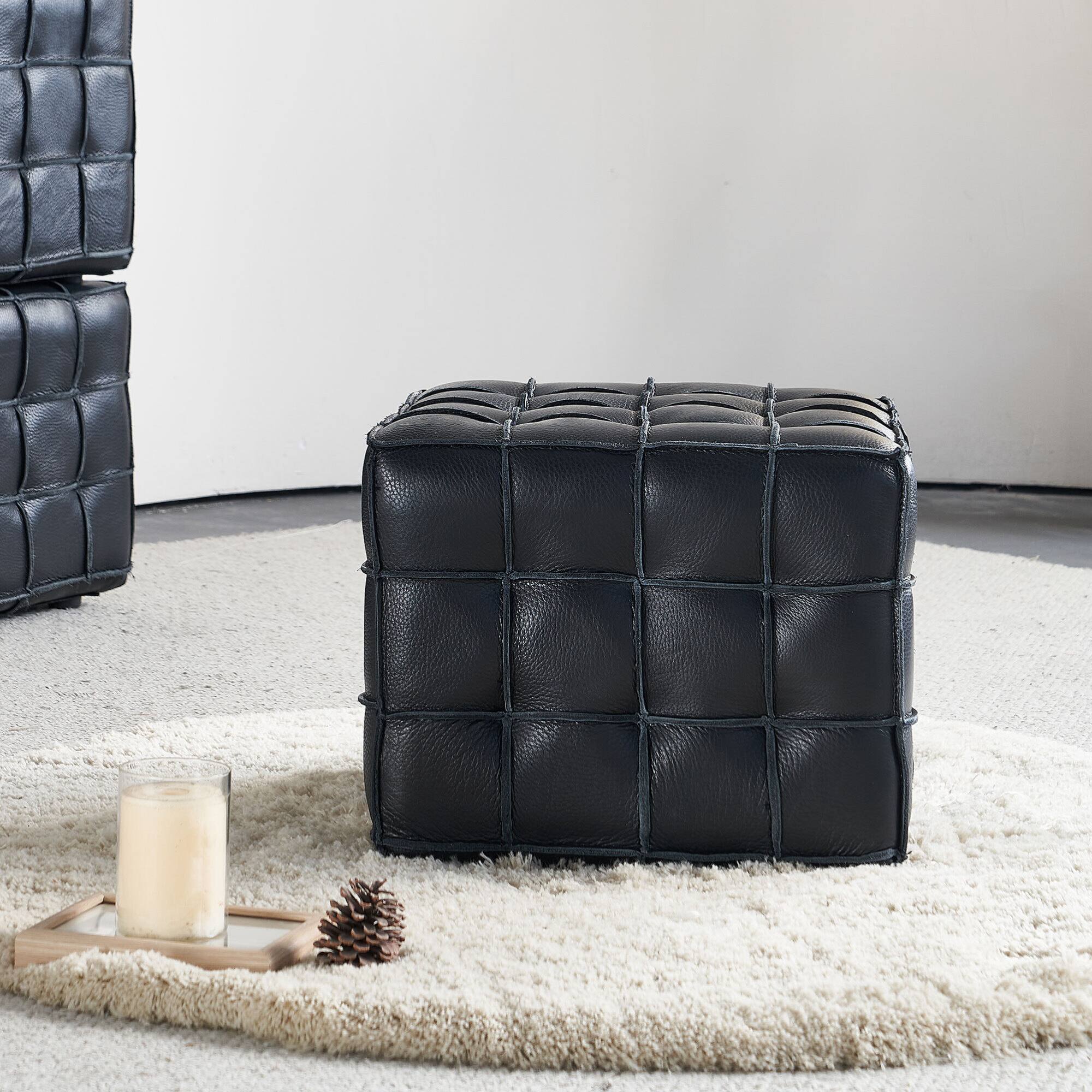 Alt View 2. GOODSILO - Genuine Leather Tufted Ottoman with Solid Wood Frame for Living Room and Bedroom Footrest and Seating - Black.
