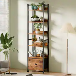 Furnulem - 6 Tier Industrial Storage Bookshelf with Fabric Drawer for Bedroom Living Room Home Office - Brown