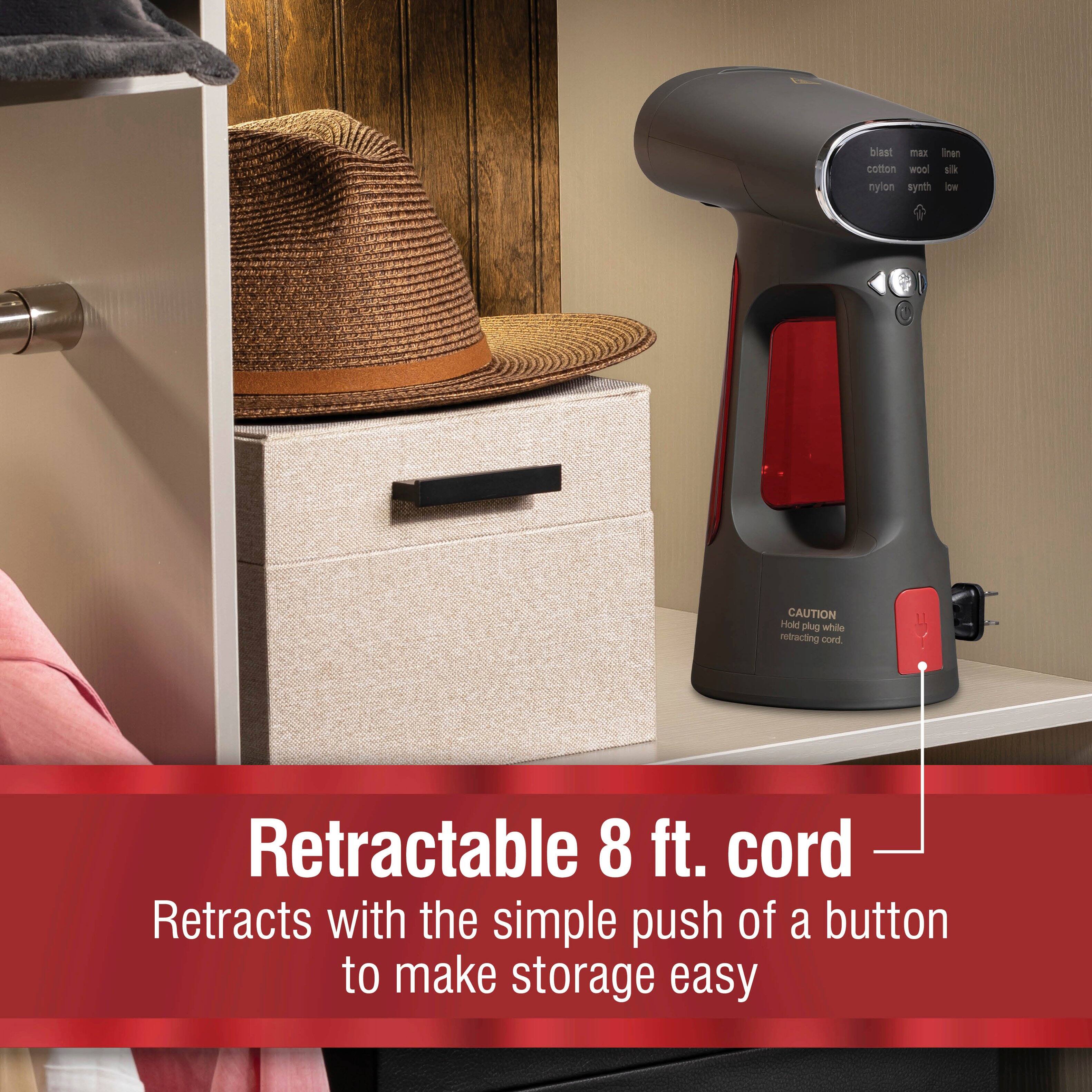 blast max linen cotton wool silk nylon synth low

CAUTION Hold plug while retracting cord.

Retractable 8 ft. cord Retracts with the simple push of a button to make storage easy