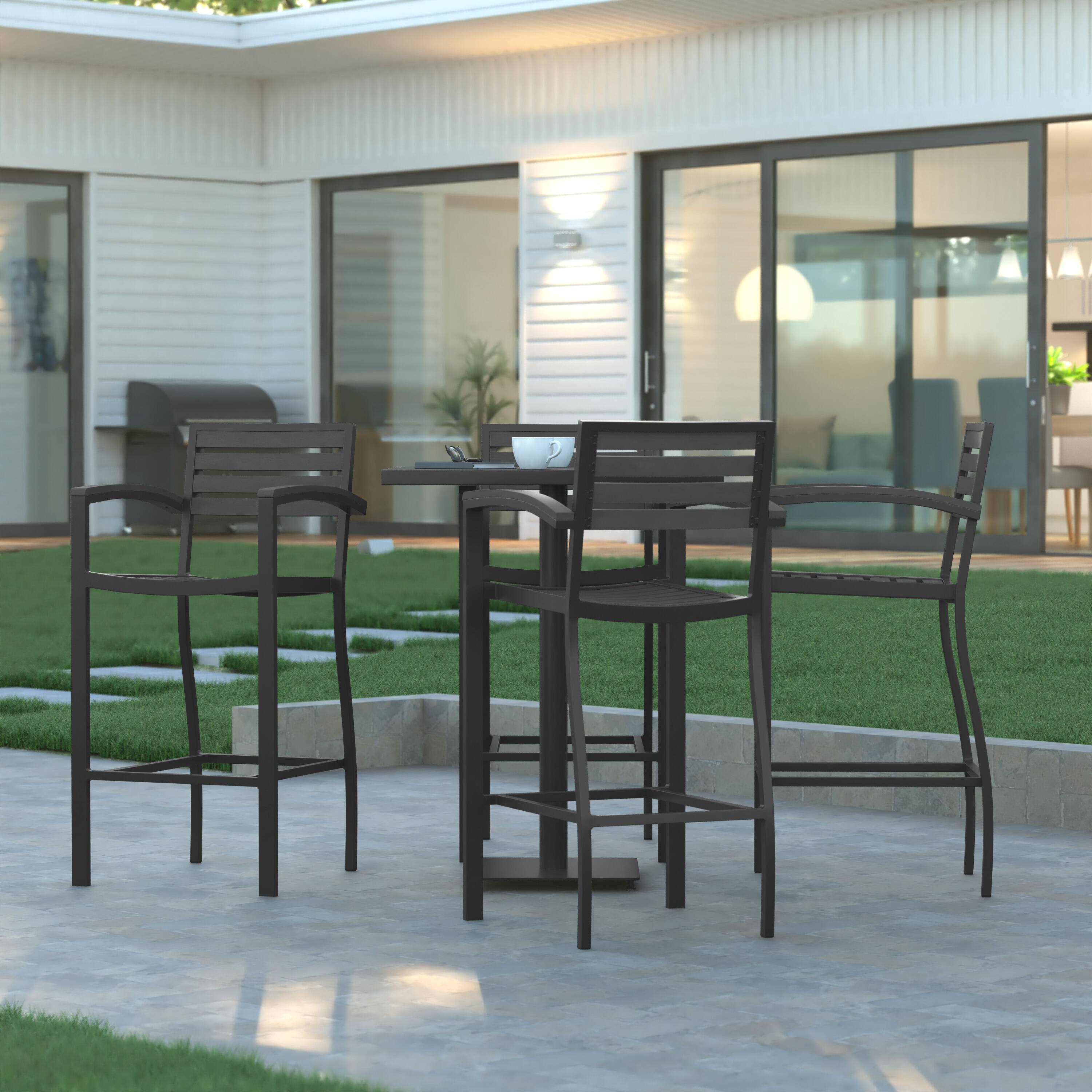 Alt View 4. Emma + Oliver - Livia All-Weather Bar Height Dining Stool with Armrests, Polyresin Slats and Aluminum Frame - Gray Wash.