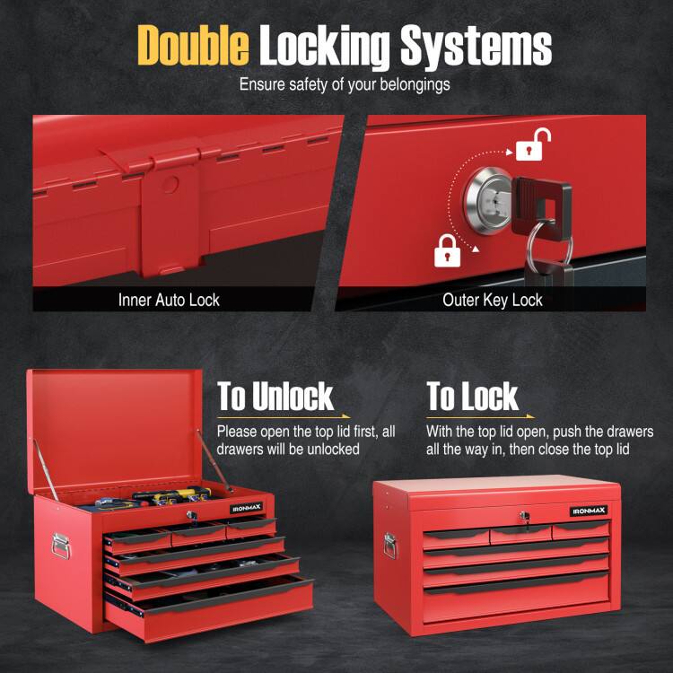 Double Locking Systems  
Ensure safety of your belongings  

Inner Auto Lock  
Outer Key Lock  

To Unlock  
Please open the top lid first, all drawers will be unlocked  

To Lock  
With the top lid open, push the drawers all the way in, then close the top lid  

MONMAX  
IRONMAX