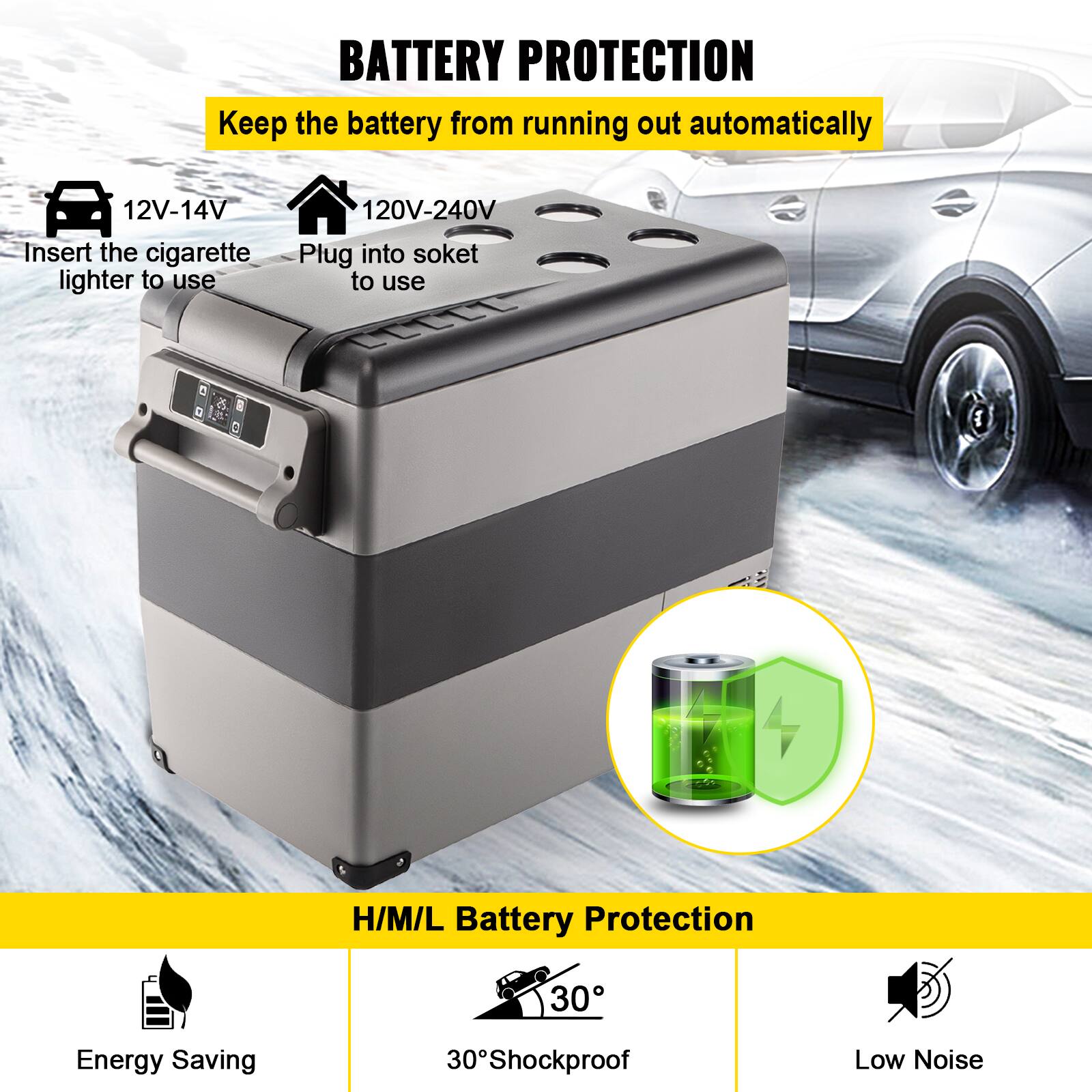 BATTERY PROTECTION: Keep the battery from running out automatically.

- 12V-14V: Insert the cigarette lighter to use.
- 120V-240V: Plug into socket to use.

H/M/L Battery Protection
- 30% Energy Saving
- 30% Shockproof
- Low Noise