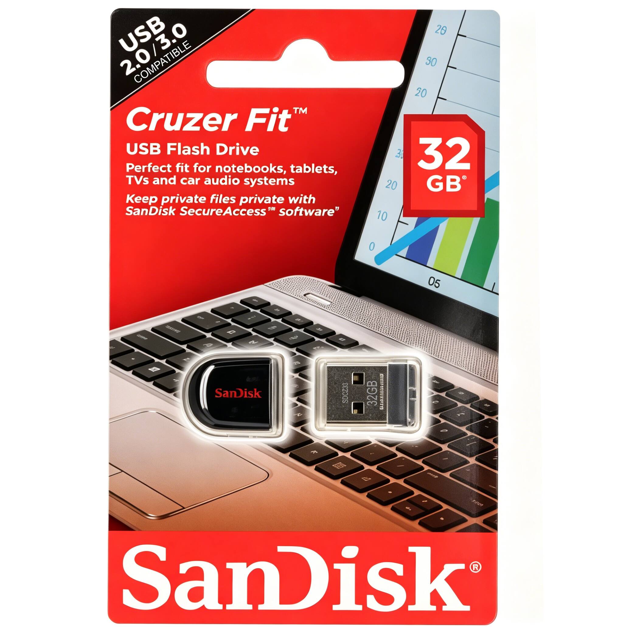 USB COMPATIBLE 2.0/3.0 Cruzer Fit™ USB Flash Drive Perfect fit for notebooks, tablets, TVs and car audio systems Keep private files private with 1H SanDisk SecureAccess™ software 32 GB SanDisk