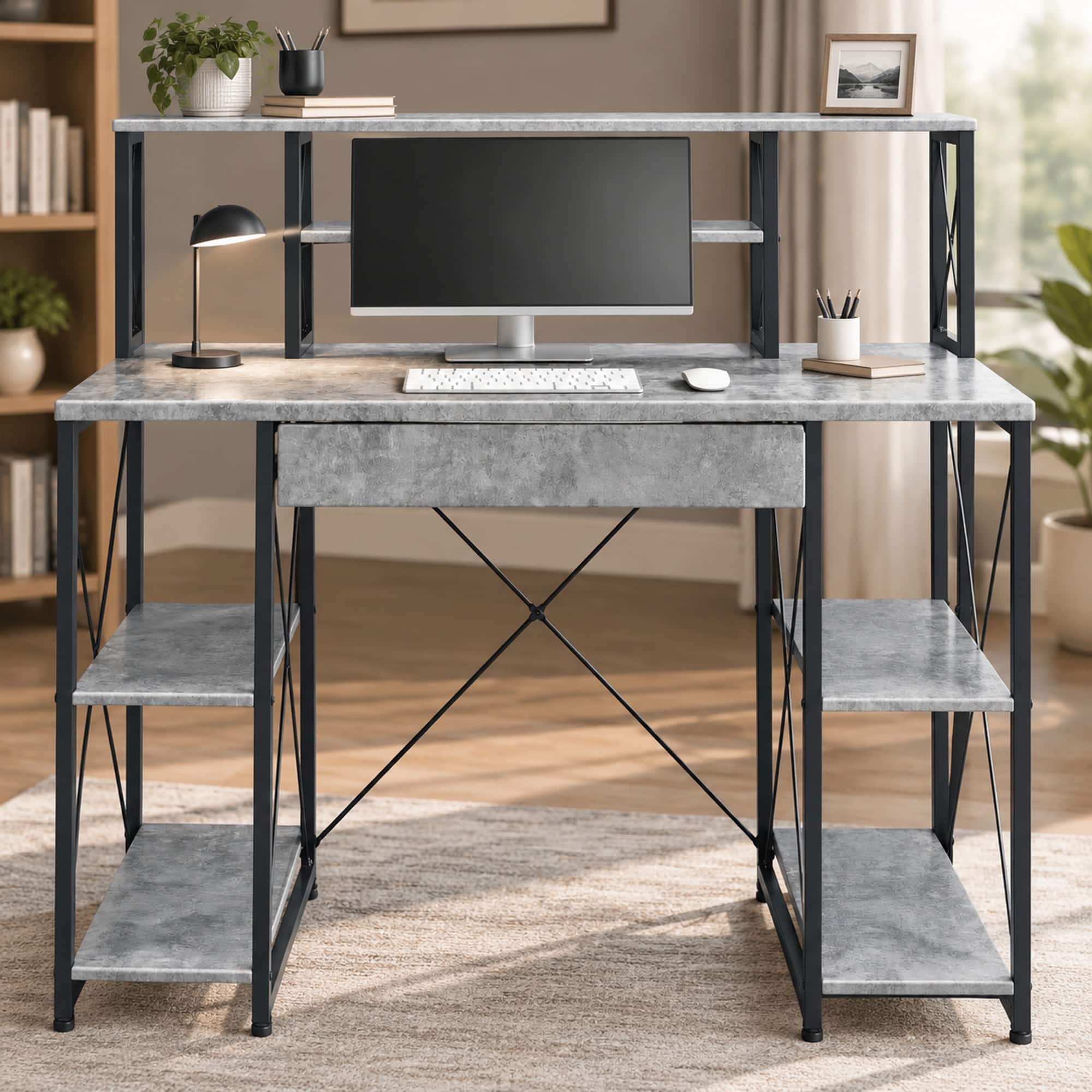 RYHNUYNE - Grey and Black Office Desk, Open Shelves, Hutch, 1 Drawer, 8 Compartments, Metal Sled Base, 47.5 inches Wide - Black+Grey