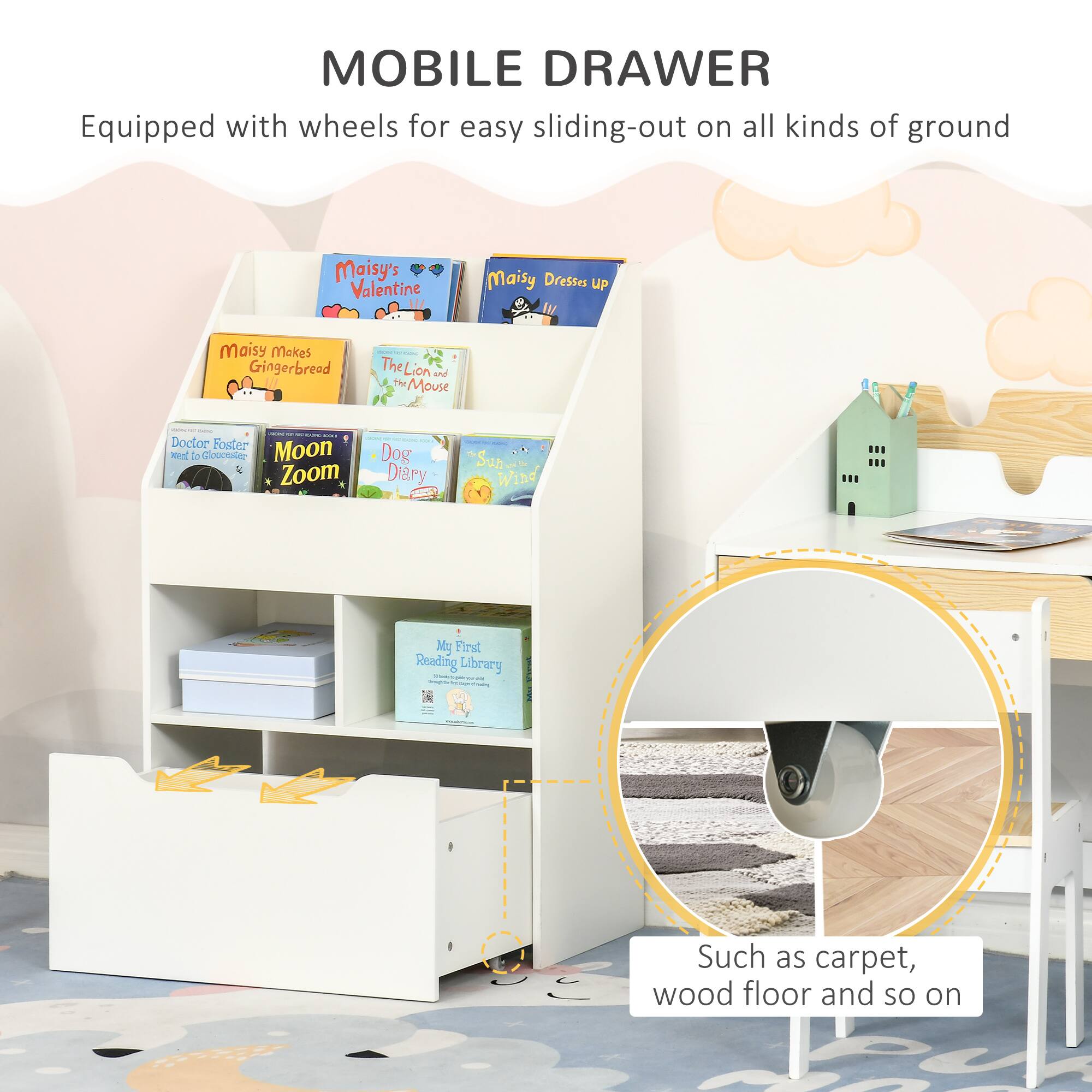 MOBILE DRAWER  
Equipped with wheels for easy sliding-out on all kinds of ground  

Such as carpet, wood floor and so on