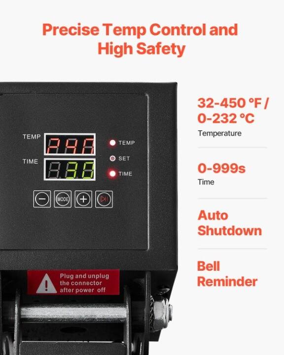 Precise Temp Control and High Safety

32-450°F / 0-232°C  
Temperature

0-999s  
Time

Auto Shutdown

Bell Reminder

Plug and unplug the connector after power off