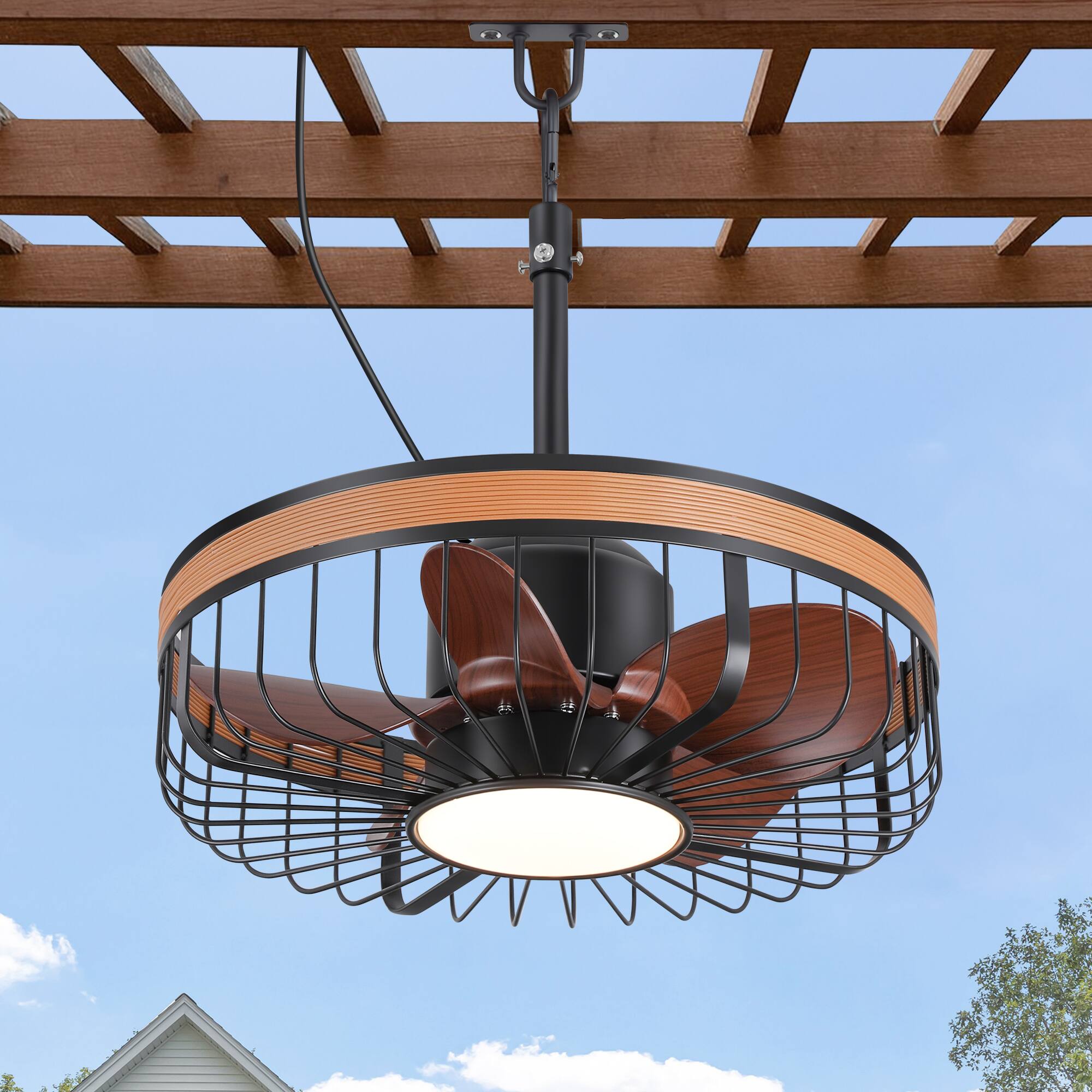 Angle. Breezary - 19" Outdoor Waterproof Ceiling Fan with Gazebo Light, DC Motor, Remote, Reversible ABS Blades, Wet/Damp Rated, Patio Use - Dark Walnut + Walnut Trim(Plug-in).