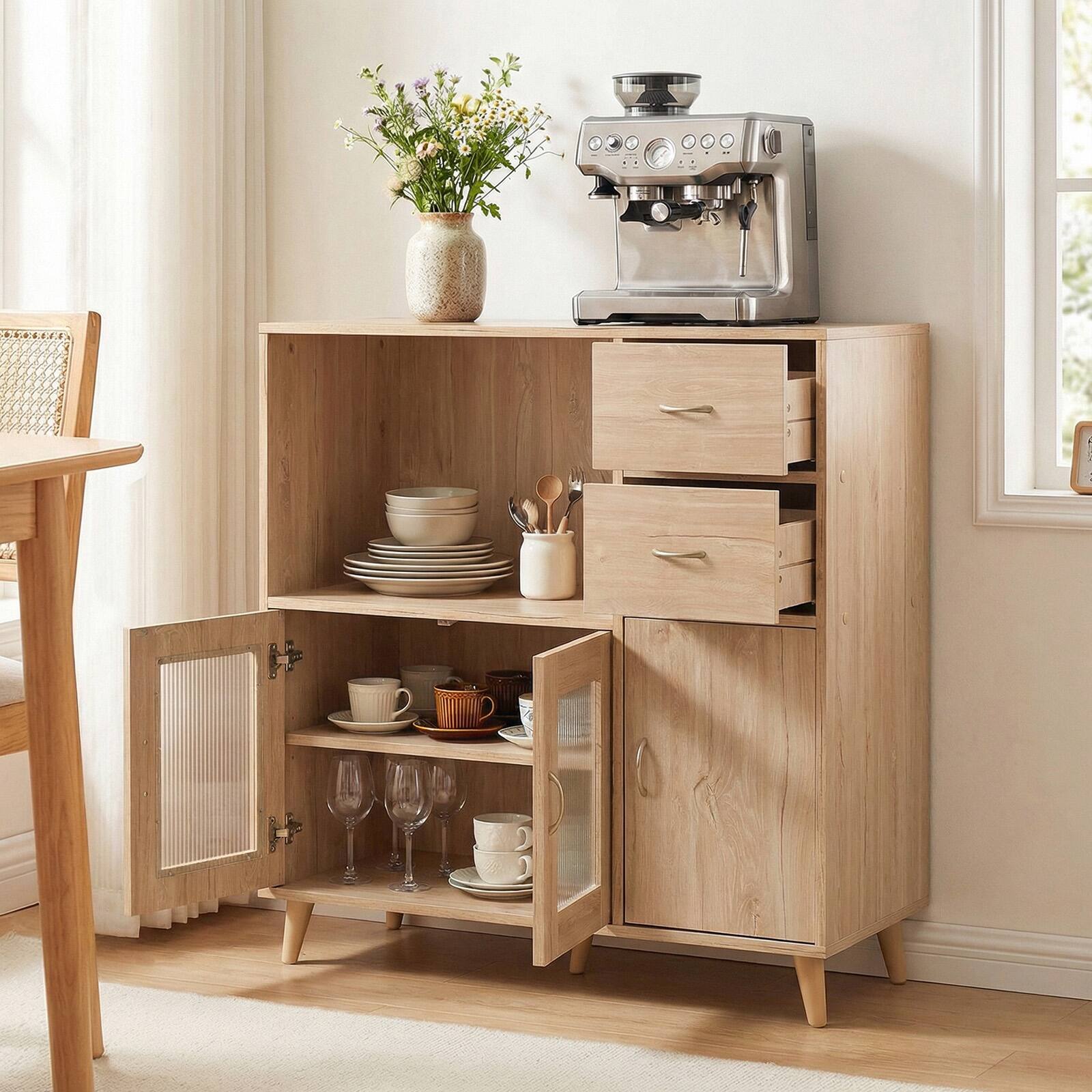 Alt View 1. Gymax - Gymax 36'' Sideboard Buffet Cabinet w/Open Compartment 2 Drawers & 3 Doors for Kitchen Natural - Yellow.