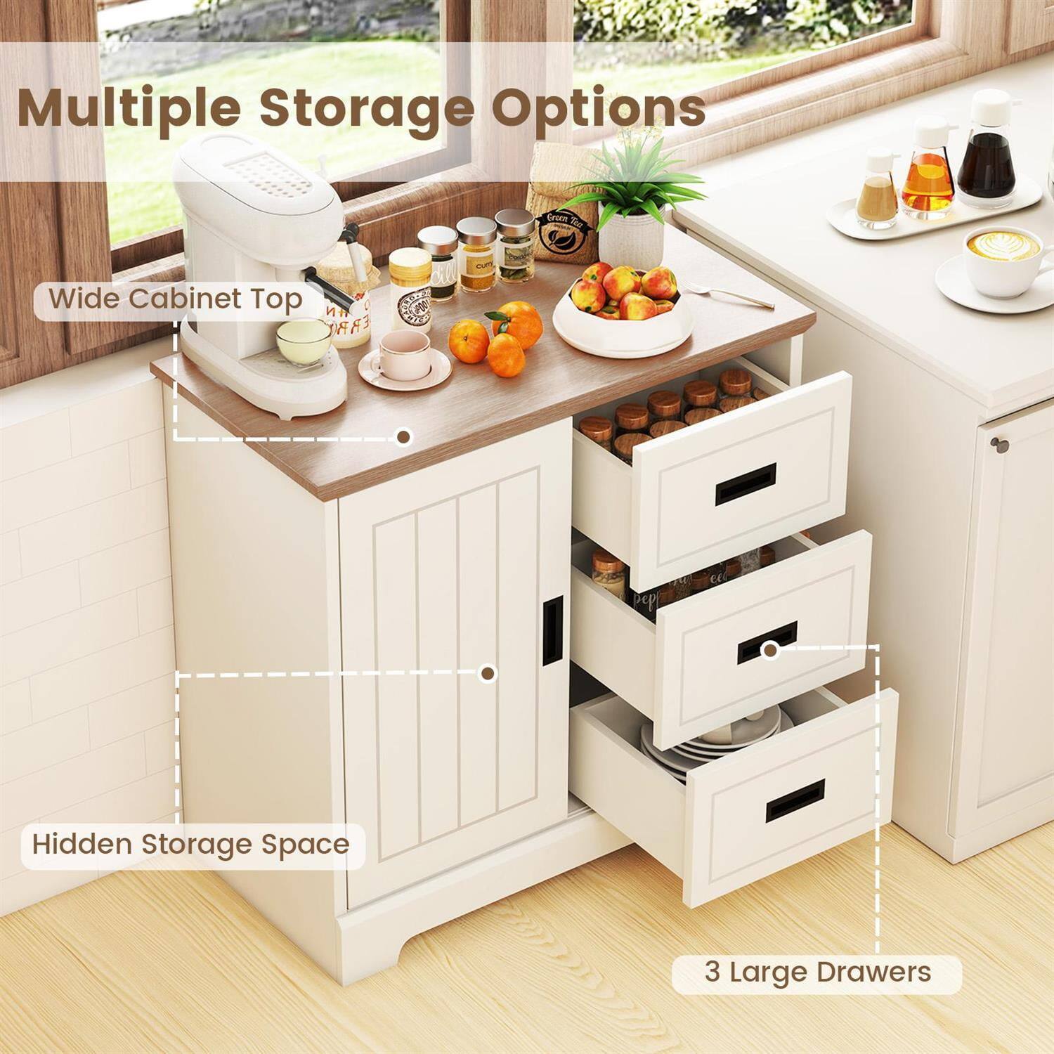 Multiple Storage Options

- Wide Cabinet Top
- Hidden Storage Space
- 3 Large Drawers