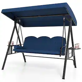 Gymax - 3-Seat Patio Swing Chair w/ Adjustable Canopy Thickened Cushions Pillow Outdooor Navy - Blue