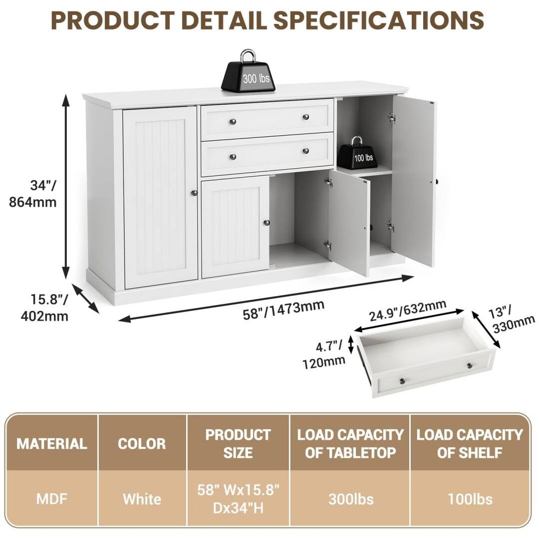 **PRODUCT DETAIL SPECIFICATIONS**

- **MATERIAL:** MDF
- **COLOR:** White
- **PRODUCT SIZE:** 58" W x 15.8" D x 34" H
- **LOAD CAPACITY OF TABLETOP:** 300 lbs
- **LOAD CAPACITY OF SHELF:** 100 lbs

**DIMENSIONS:**
- **Height:** 34" / 864mm
- **Width:** 58" / 1473mm
- **Depth:** 15.8" / 402mm
- **Drawer Height:** 4.7" / 120mm
- **Drawer Width:** 13" / 330mm
- **Shelf Width:** 24.9" / 632mm