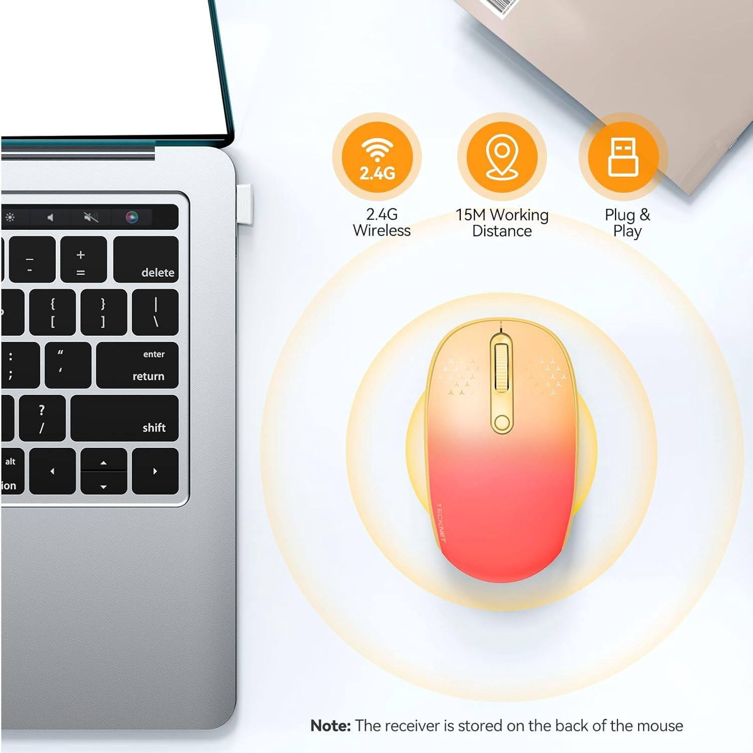 2.4G Wireless  
15M Working Distance  
Plug & Play  

Note: The receiver is stored on the back of the mouse