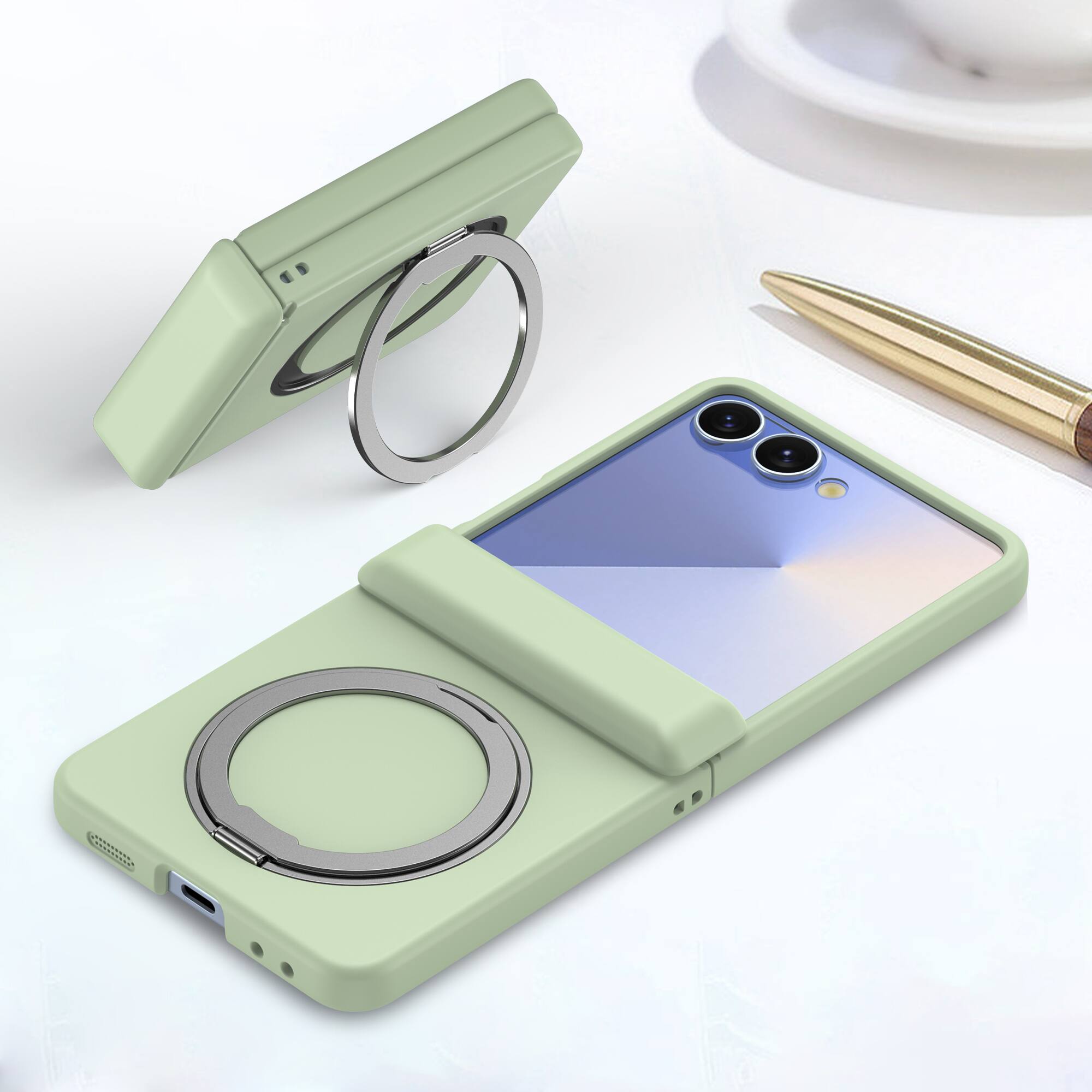 Angle. Dteck - for Samsung Galaxy Z Flip7 Matte Case,Shockproof Hard PC Cover with Hinge Protection,Rugged Rotatable Kickstand Case - Lightgreen.