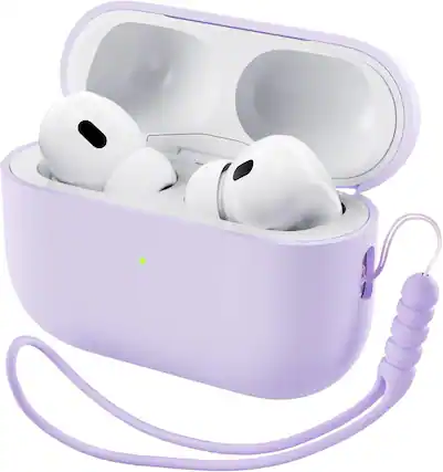 Front. Ornarto - ORNARTO for AirPods Pro 2 Case (2022),Protective Liquid Silicone Cover with Lanyard,Front LED Visible Case-Pastel Purple - Pastel Purple.