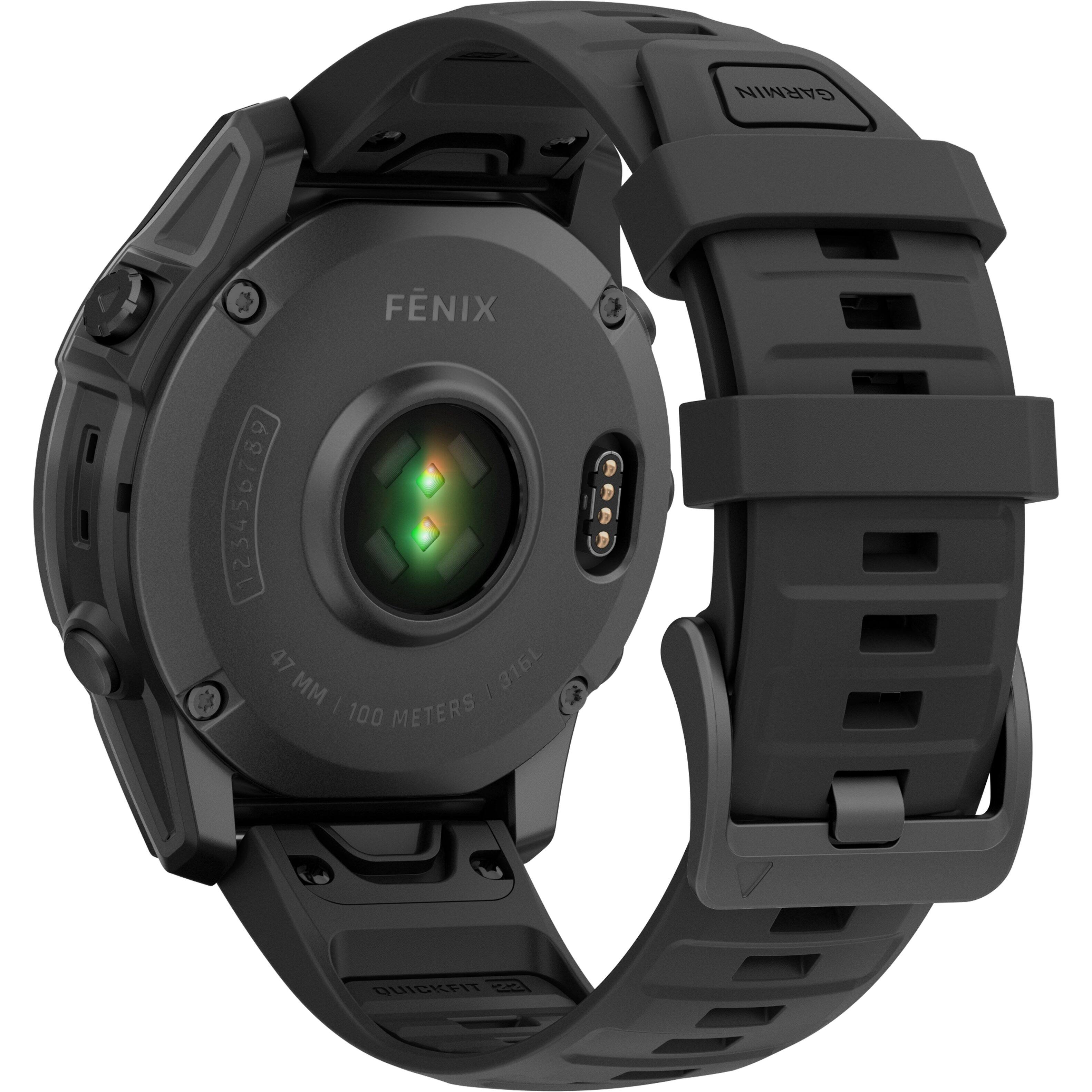 The text on the image reads "GARMIN FNIX 123450789 47 316L M | I 100 METERS QUIGKFIT." This is a product description for a Garmin FNIX watch, which features a 100-meter water resistance, a quick fit band, and a 1.2-inch display. The watch is designed for outdoor activities and provides various fitness tracking features.