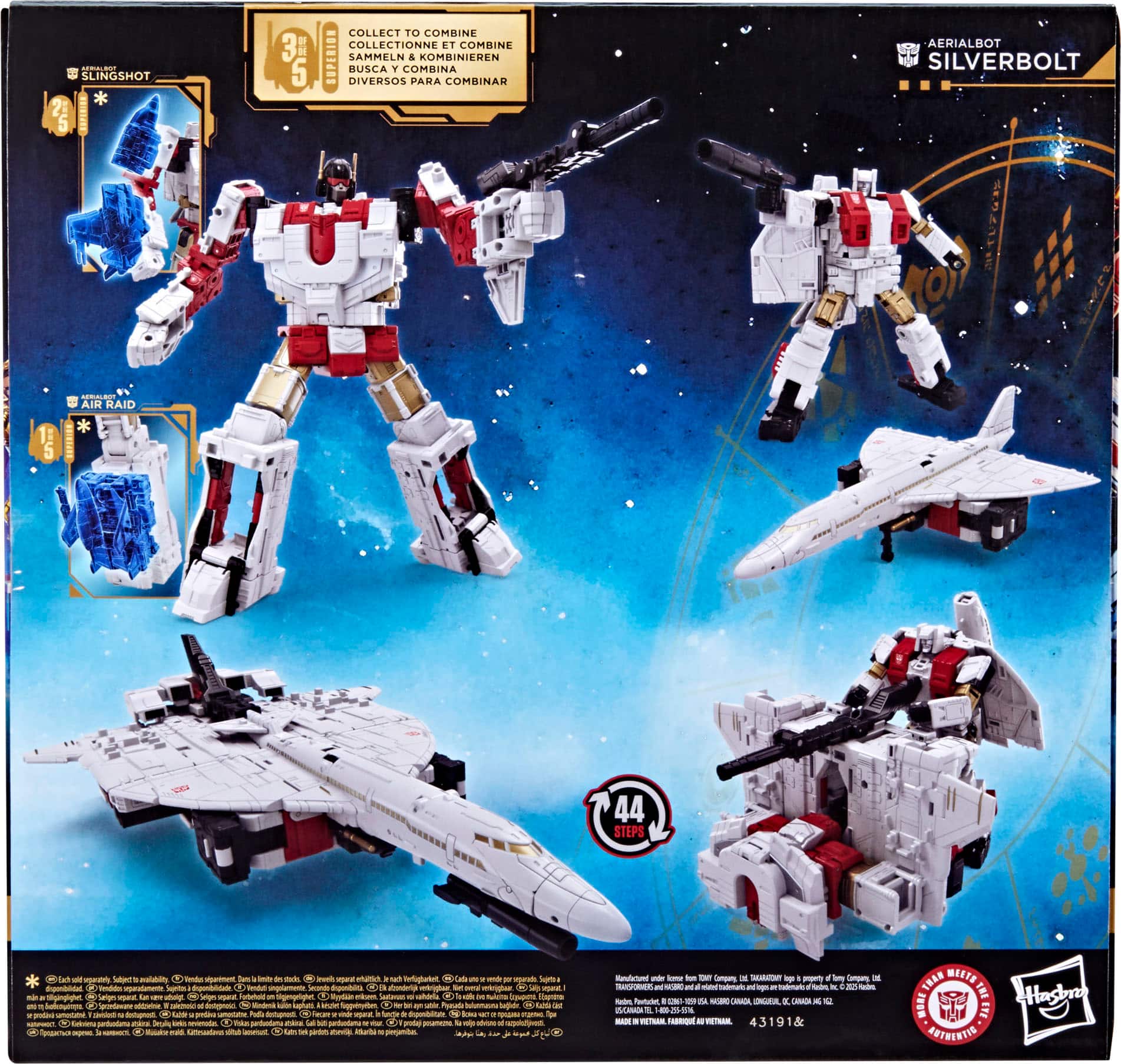 The image features a collection of toys, including a robot, a jet, and a space shuttle. The toys are designed to be combined and can be used to create a super robot. The collection is part of a larger set of toys, which can be assembled to create a variety of vehicles and characters. The toys are made by the company Silverbolt and are intended for children to play with and enjoy.