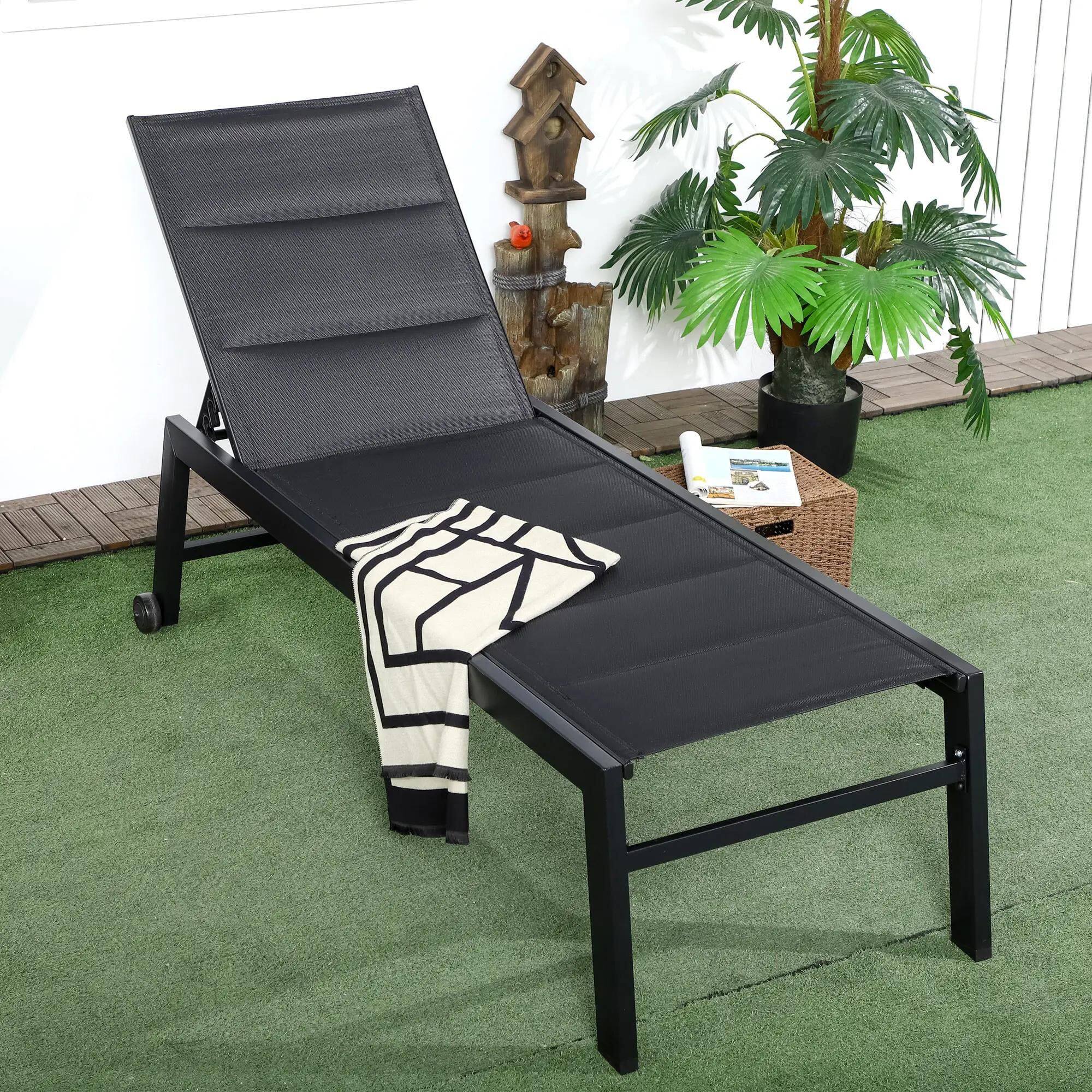 Alt View 7. Resenkos - Resenkos Outdoor Chaise Lounge With Wheels, Five Position Recliner For Sunbathing, Suntanning, Steel Frame, Black - Black.