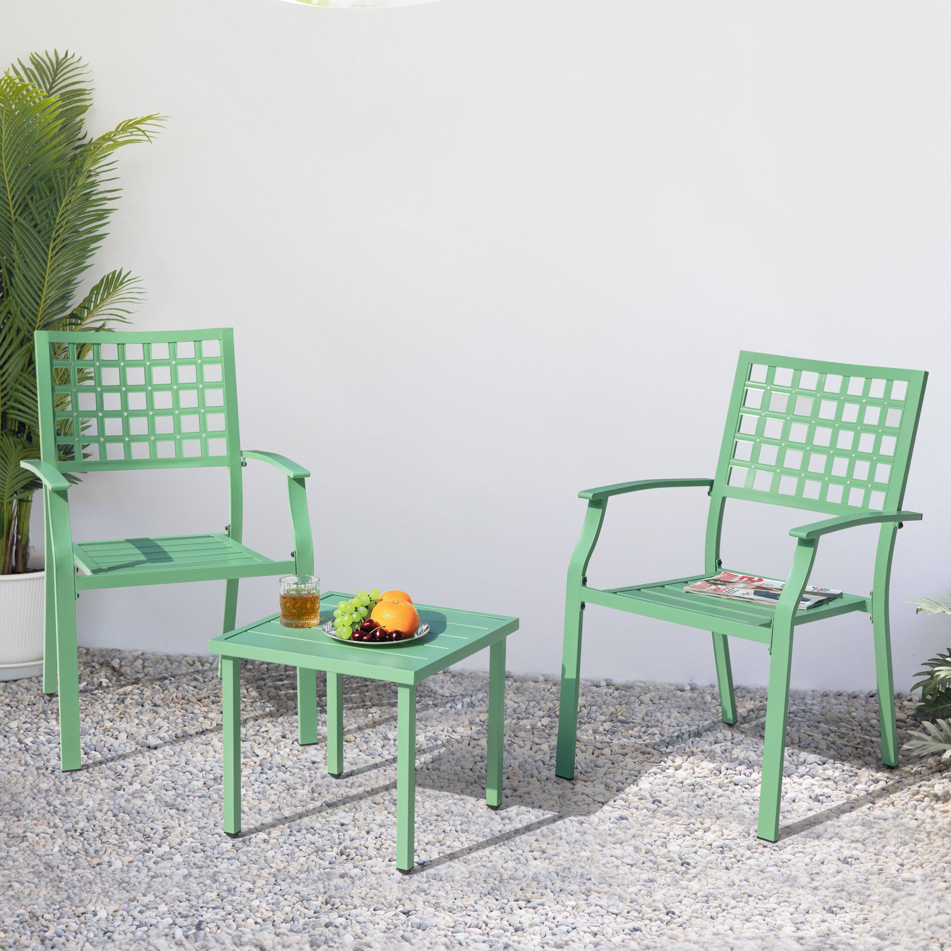 Angle. Nuu Garden - 3-Piece Metal Patio Bistro Set with Stackable Chairs and Square Side Table - Green.