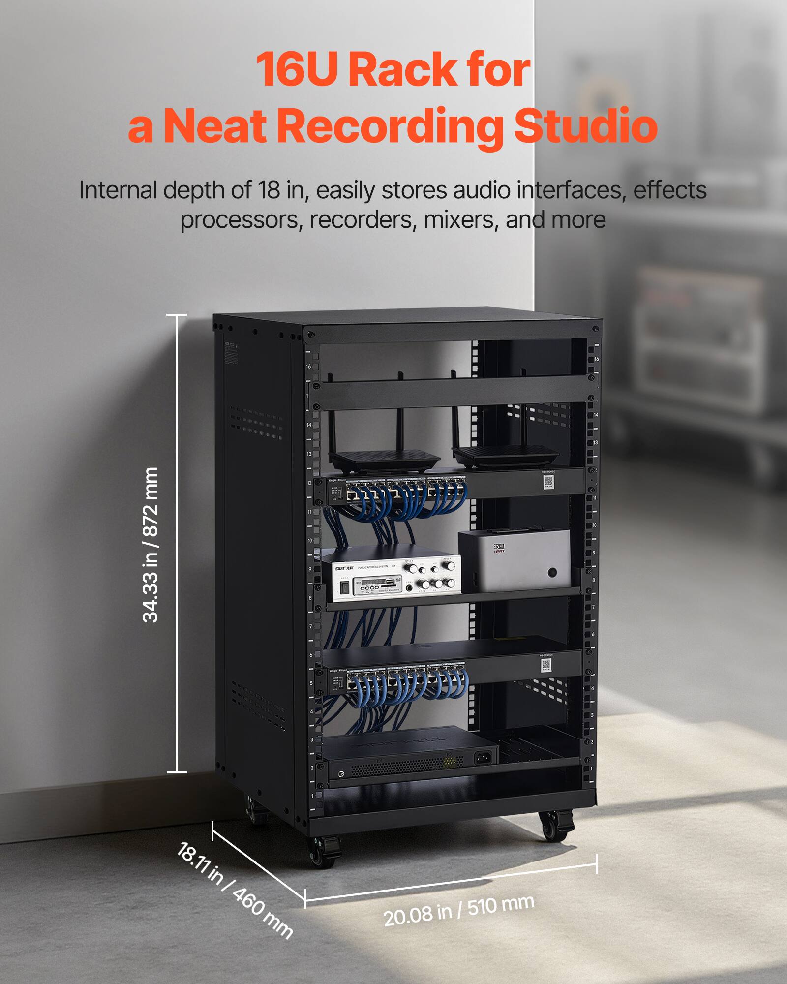 16U Rack for a Neat Recording Studio

Internal depth of 18 in, easily stores audio interfaces, effects processors, recorders, mixers, and more

- 34.33 in / 872 mm
- 18.11 in / 460 mm
- 20.08 in / 510 mm