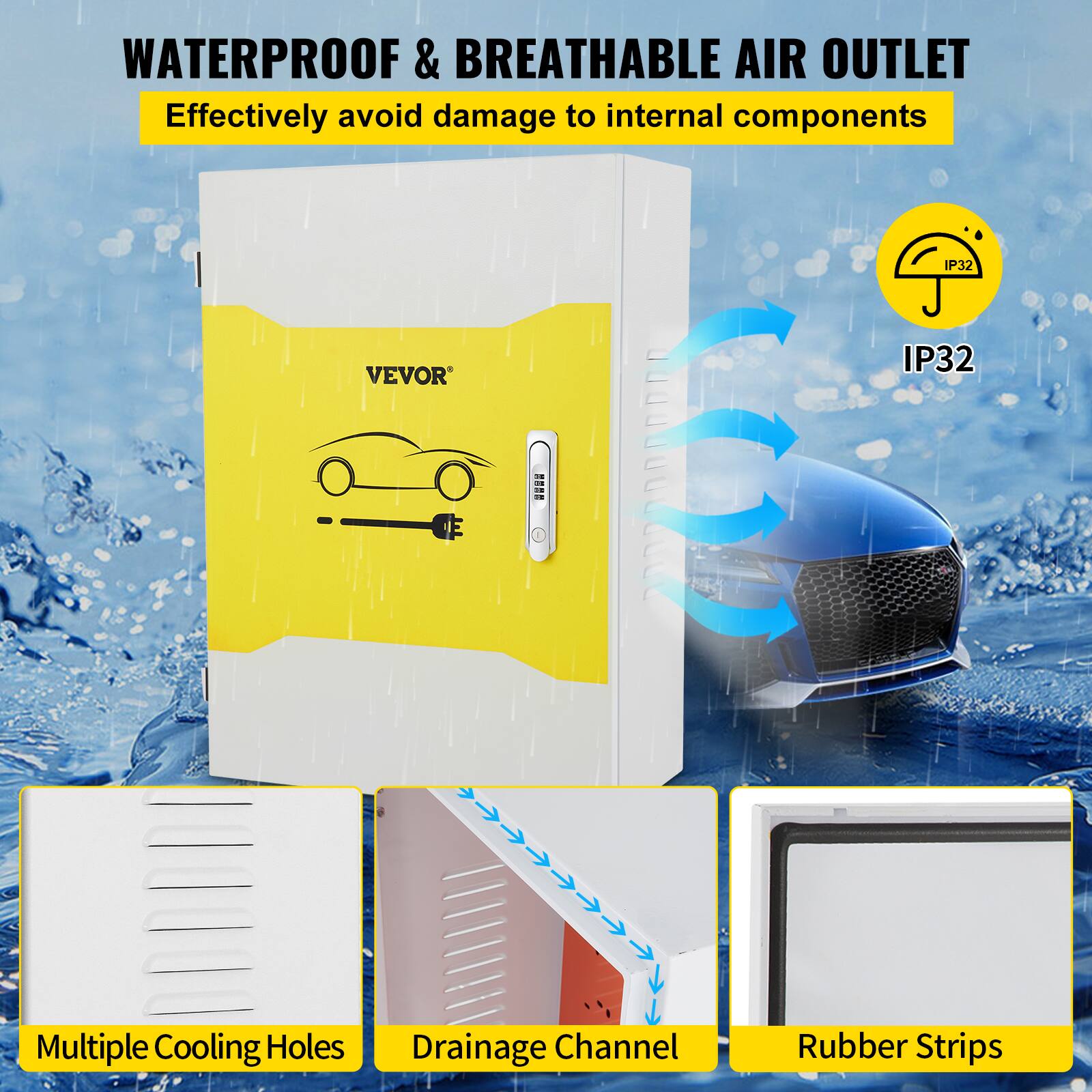 WATERPROOF & BREATHABLE AIR OUTLET  
Effectively avoid damage to internal components  
IP32  
VEVOR  
IP32  
Multiple Cooling Holes  
Drainage Channel  
Rubber Strips