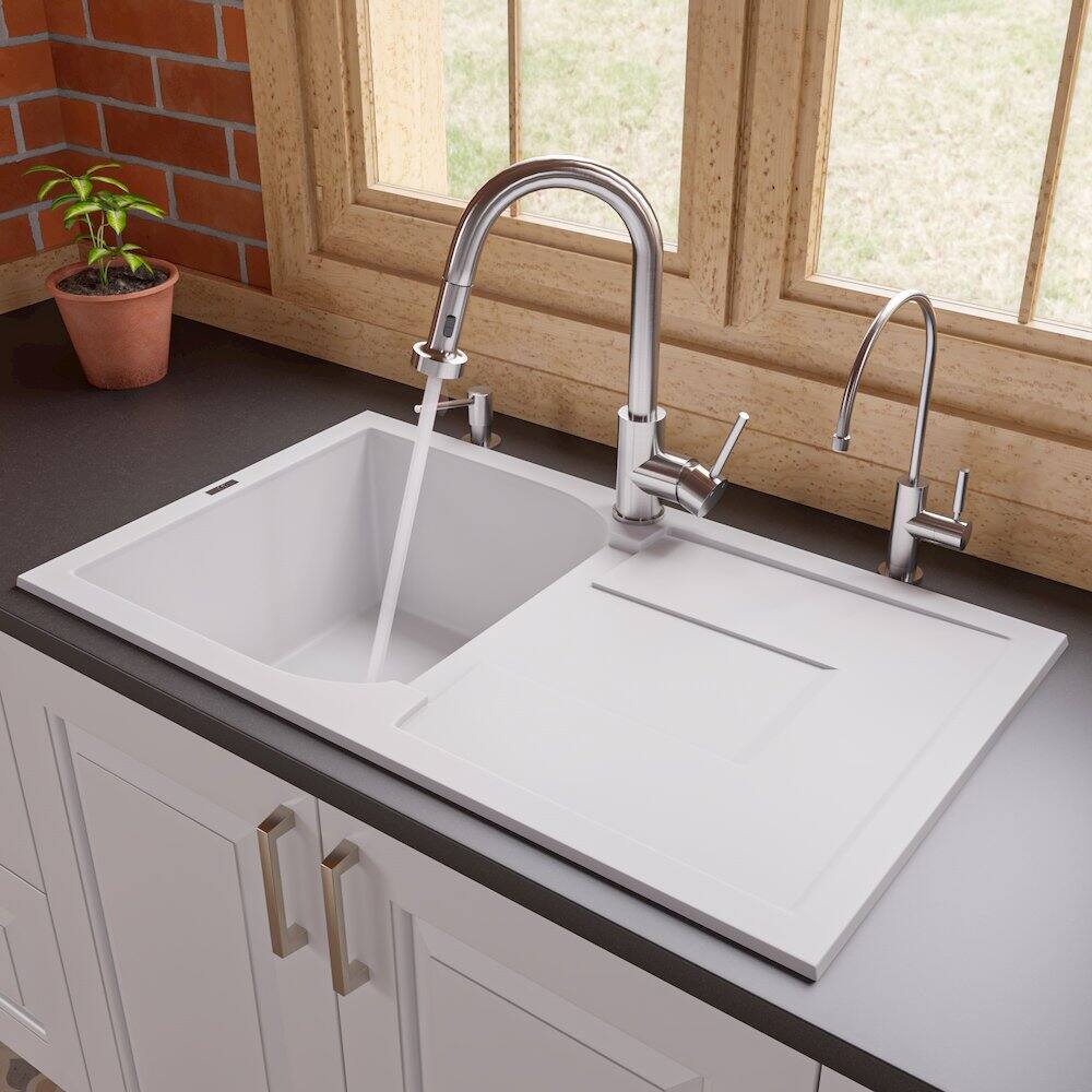Angle. Alfi - White 34" Single Bowl Granite Composite Kitchen Sink with Drainboard - White.