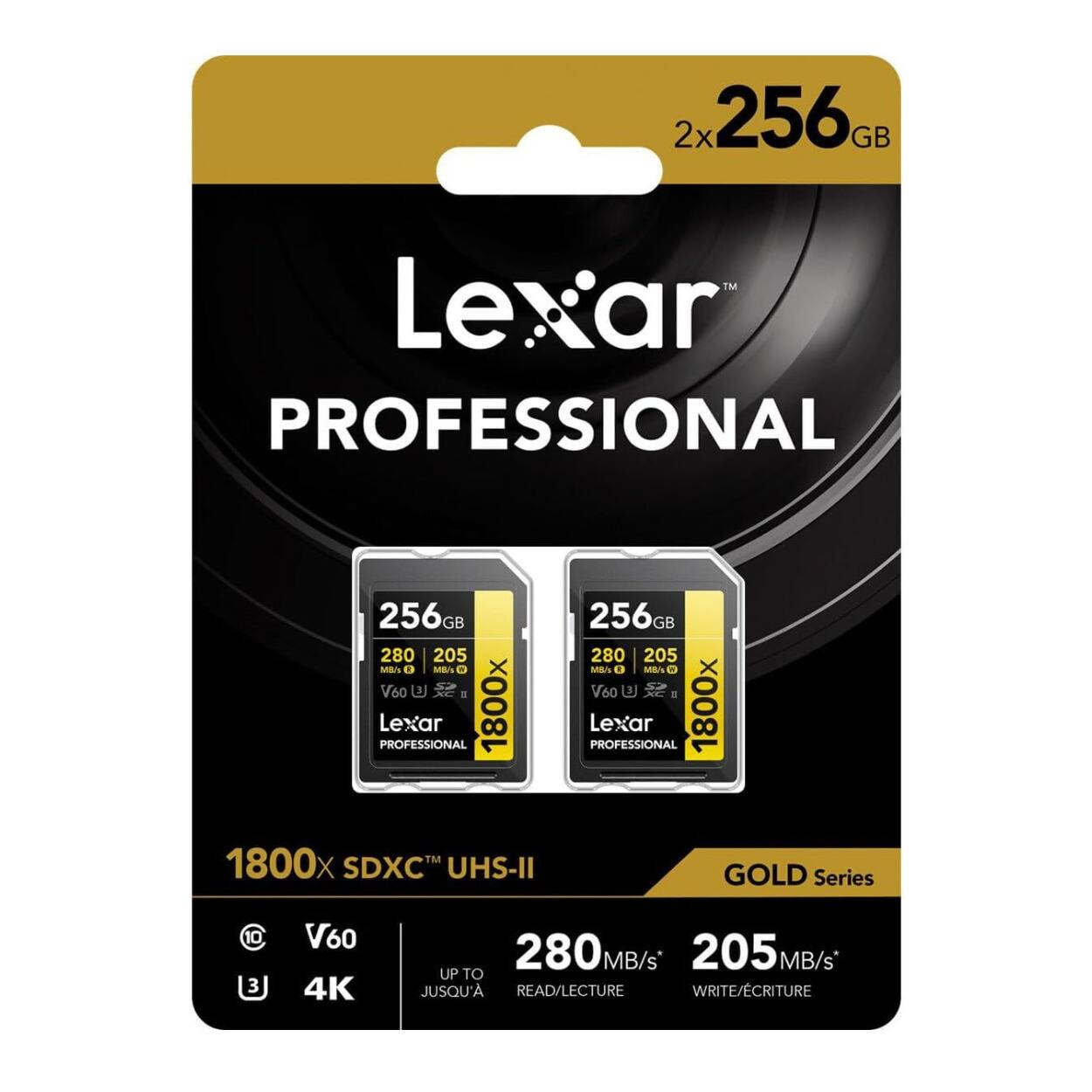 2x 256GB Lexar PROFESSIONAL 1800x SDXC UHS-II GOLD Series C3 V60 4K 280 MB/s* 205 MB/s UP TO JUSQU'A READ/LECTURE WRITE/ECRITURE