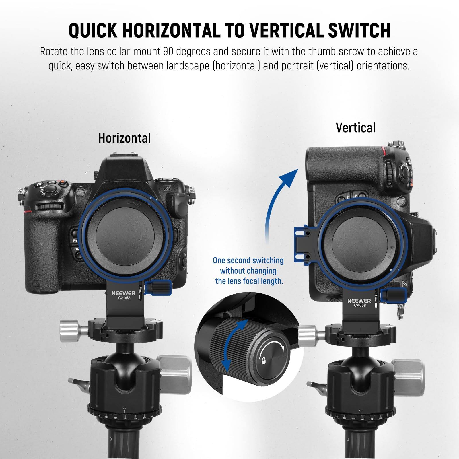 QUICK HORIZONTAL TO VERTICAL SWITCH

Rotate the lens collar mount 90 degrees and secure it with the thumb screw to achieve a quick, easy switch between landscape (horizontal) and portrait (vertical) orientations.

Horizontal

Vertical

One second switching without changing the lens focal length.