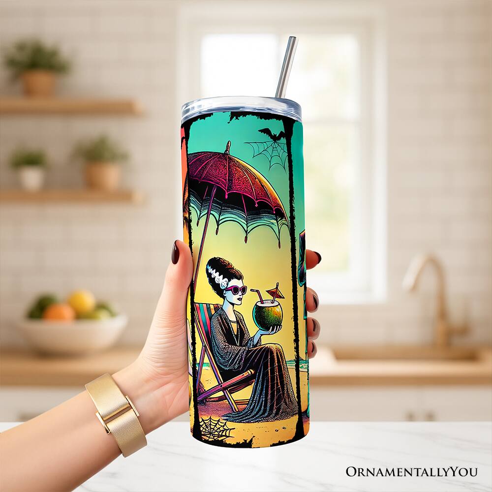 Left. OrnamentallyYou - Frankenstein's Summer Beach Vacation 20oz Tumbler With Lid and Stainless Steel Straw - Multicolored.
