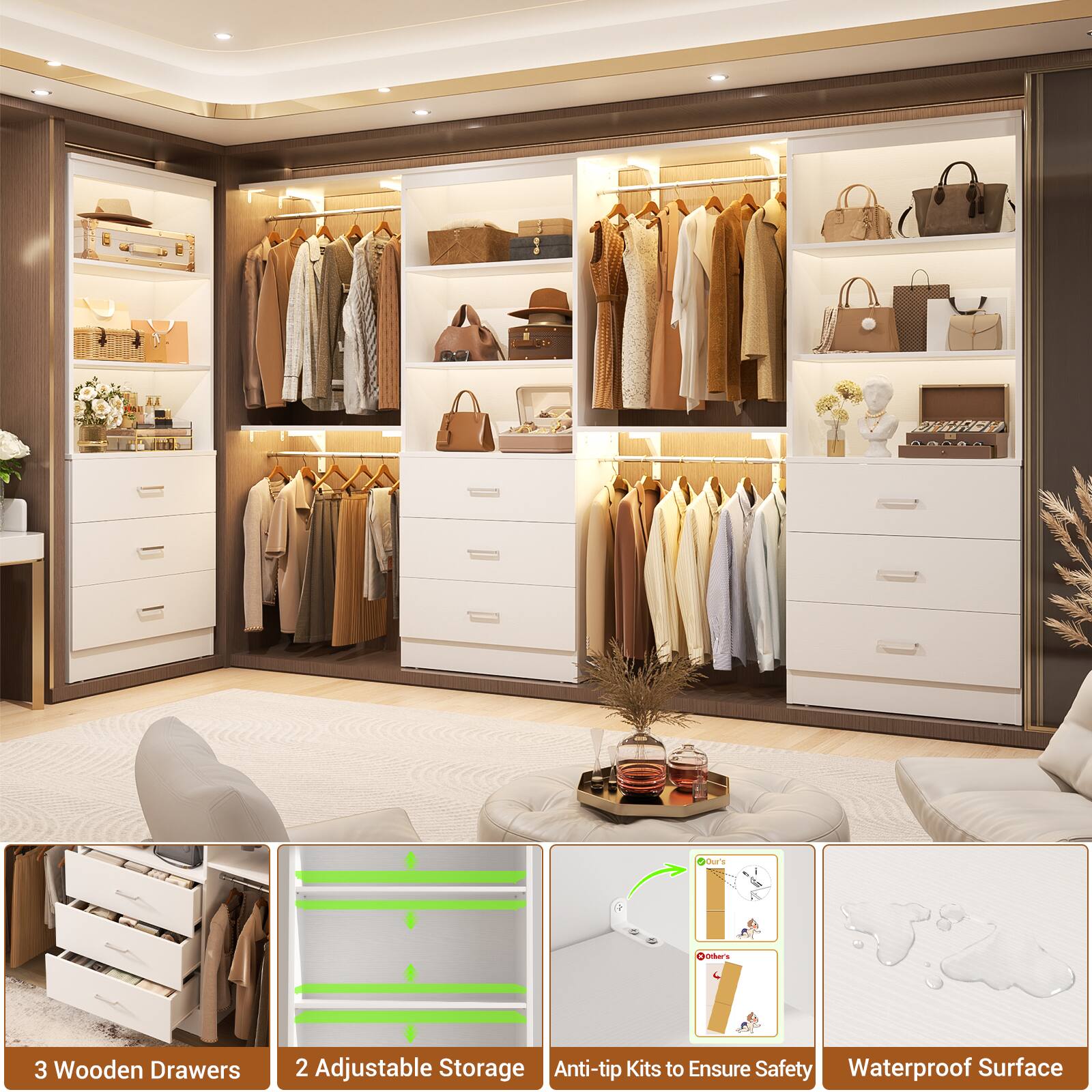 SIRIOM - ARARA Our's 3 Wooden Drawers Char 1 2 Adjustable Storage Anti-tip Kits to Ensure Safety Waterproof Surface