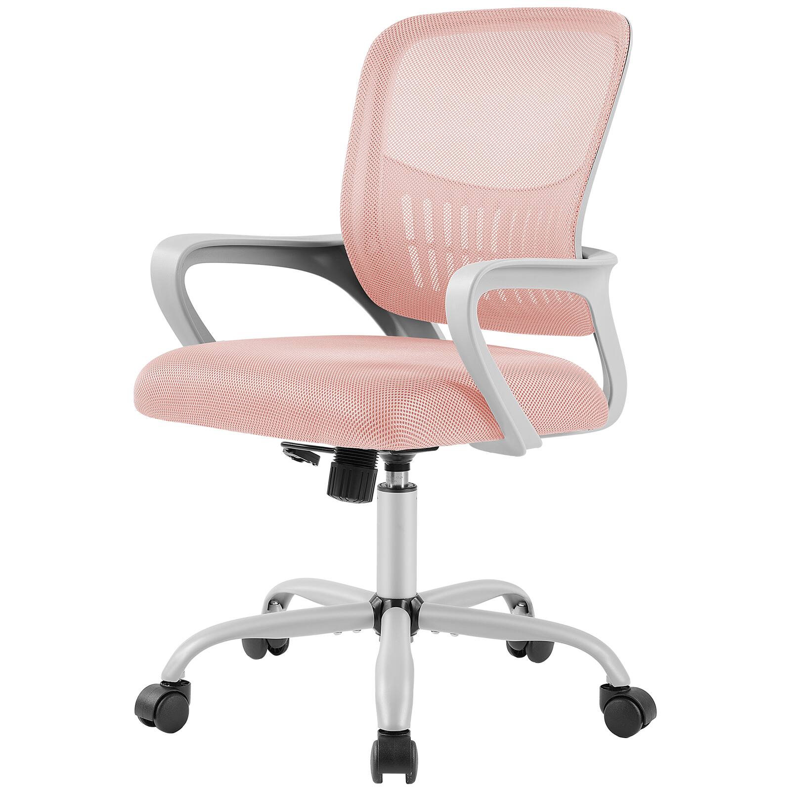 Front. Sweetcrispy - Ergonomic Adjustable Mesh Office Chair, Swivel Desk Chair with Lumbar Support, fixed Armrests and Storage - Pink.