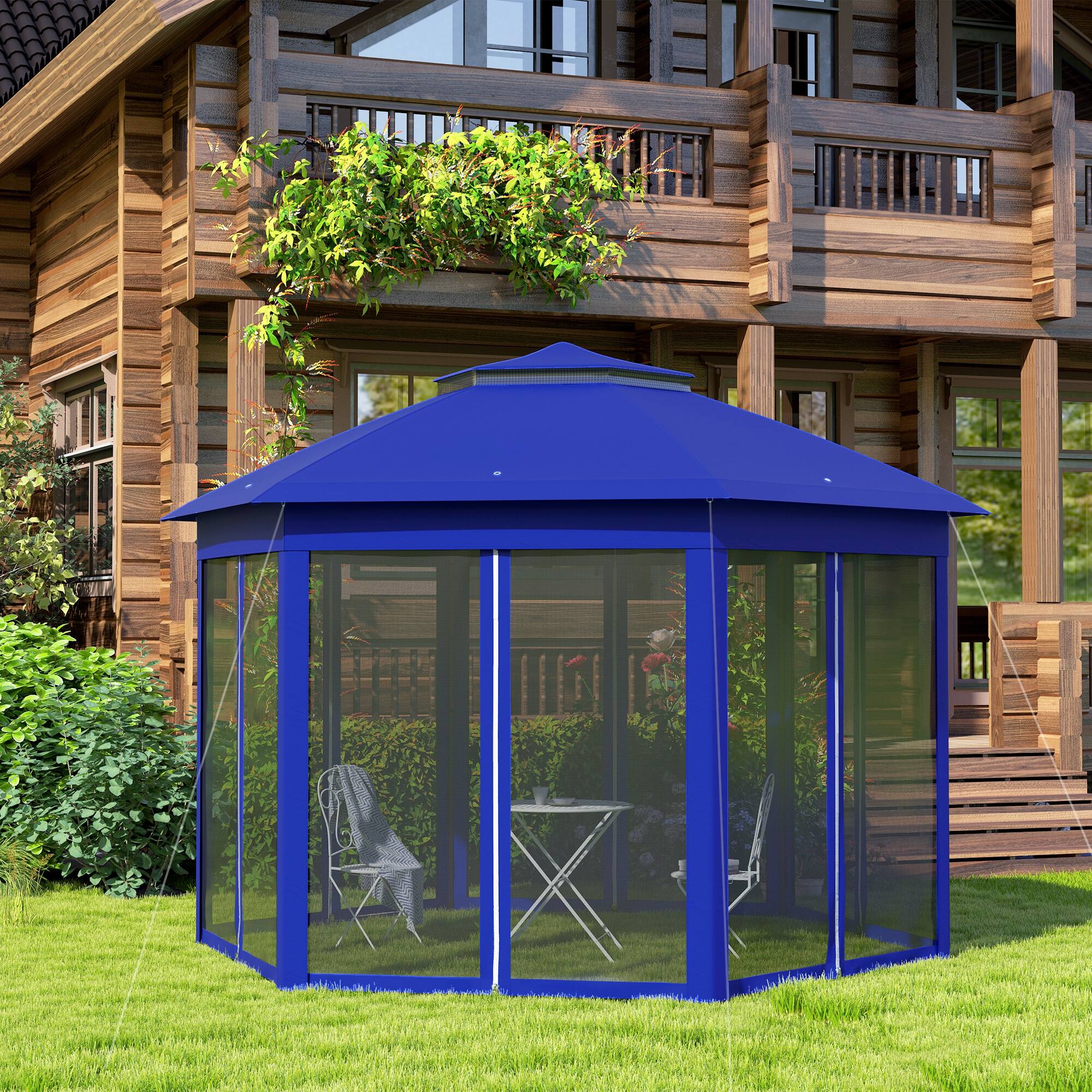 Alt View 7. Outsunny - 13' x 13' Pop Up Gazebo, Hexagonal Canopy Shelter with 6 Zippered Mesh Netting, Event Tent - Blue.