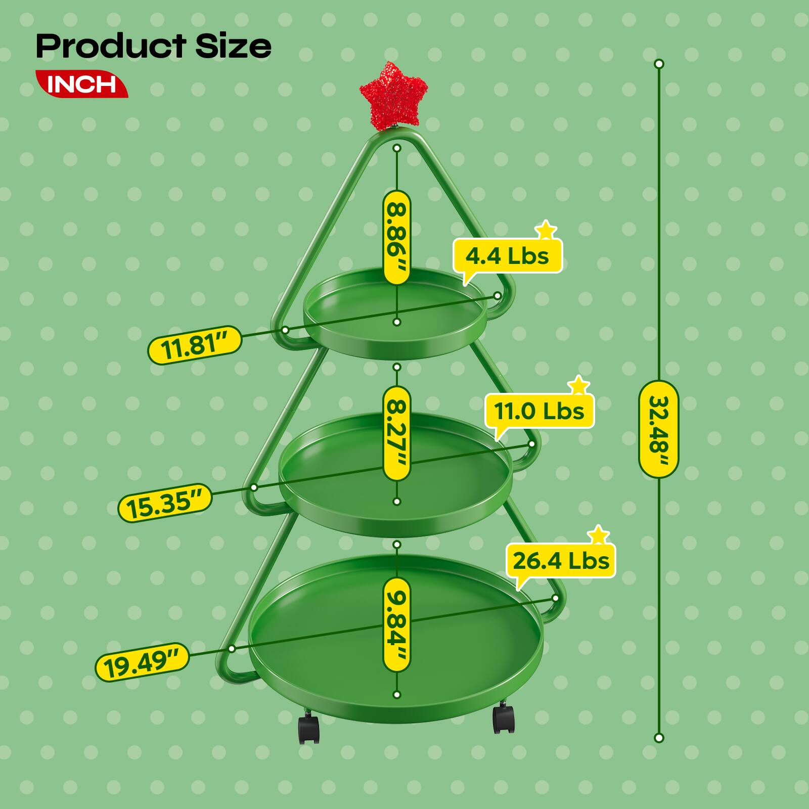 Product Size  
INCH  

- 8.86" x 11.81" x 15.35" x 19.49" x 9.84"  
- 4.4 Lbs  
- 11.0 Lbs  
- 26.4 Lbs  
- 32.48"