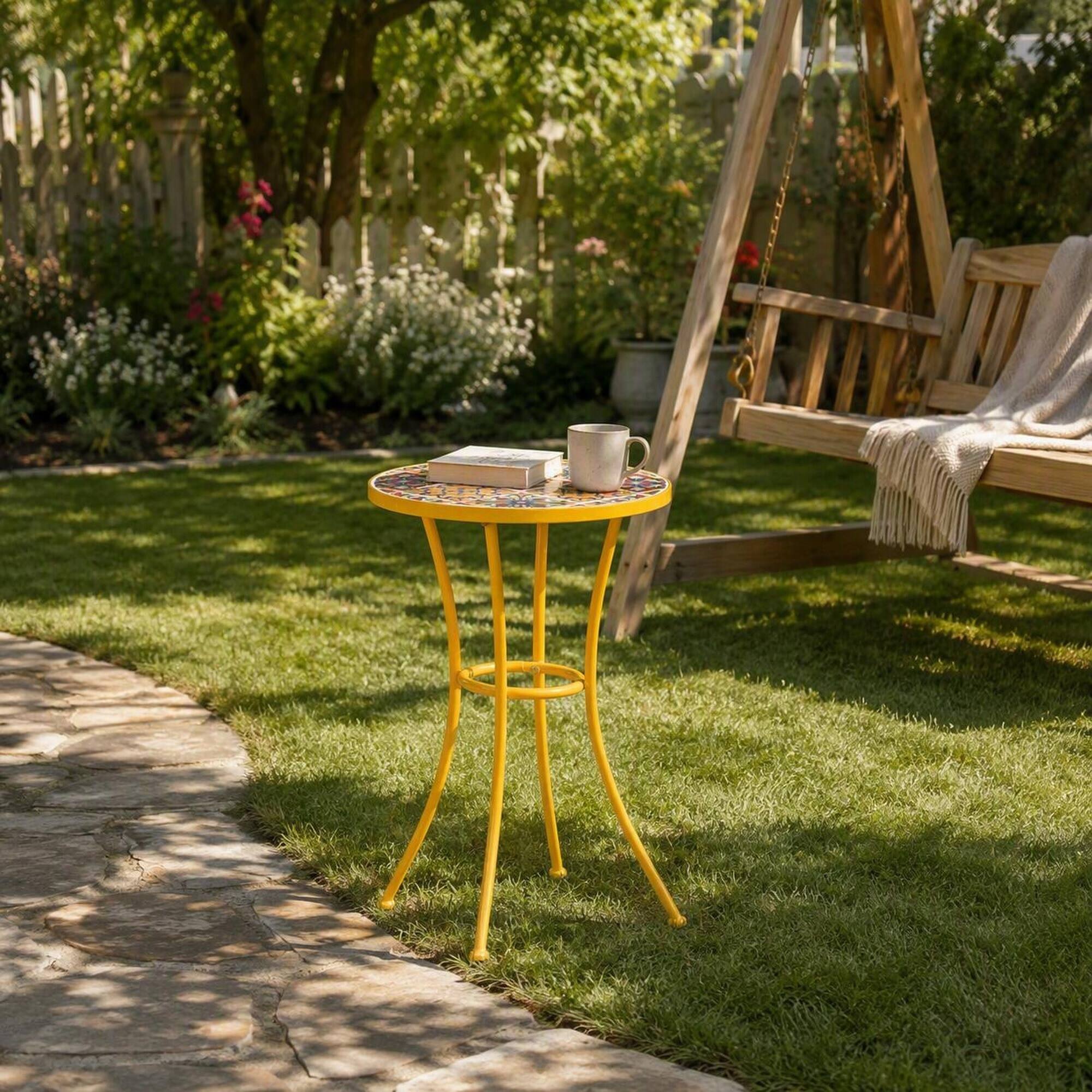 Alt View 2. RYHNUYNE - Sunny Yellow Mosaic Tile Outdoor Side Table with Powder-Coated Iron Legs for Patio Balcony - Yellow.