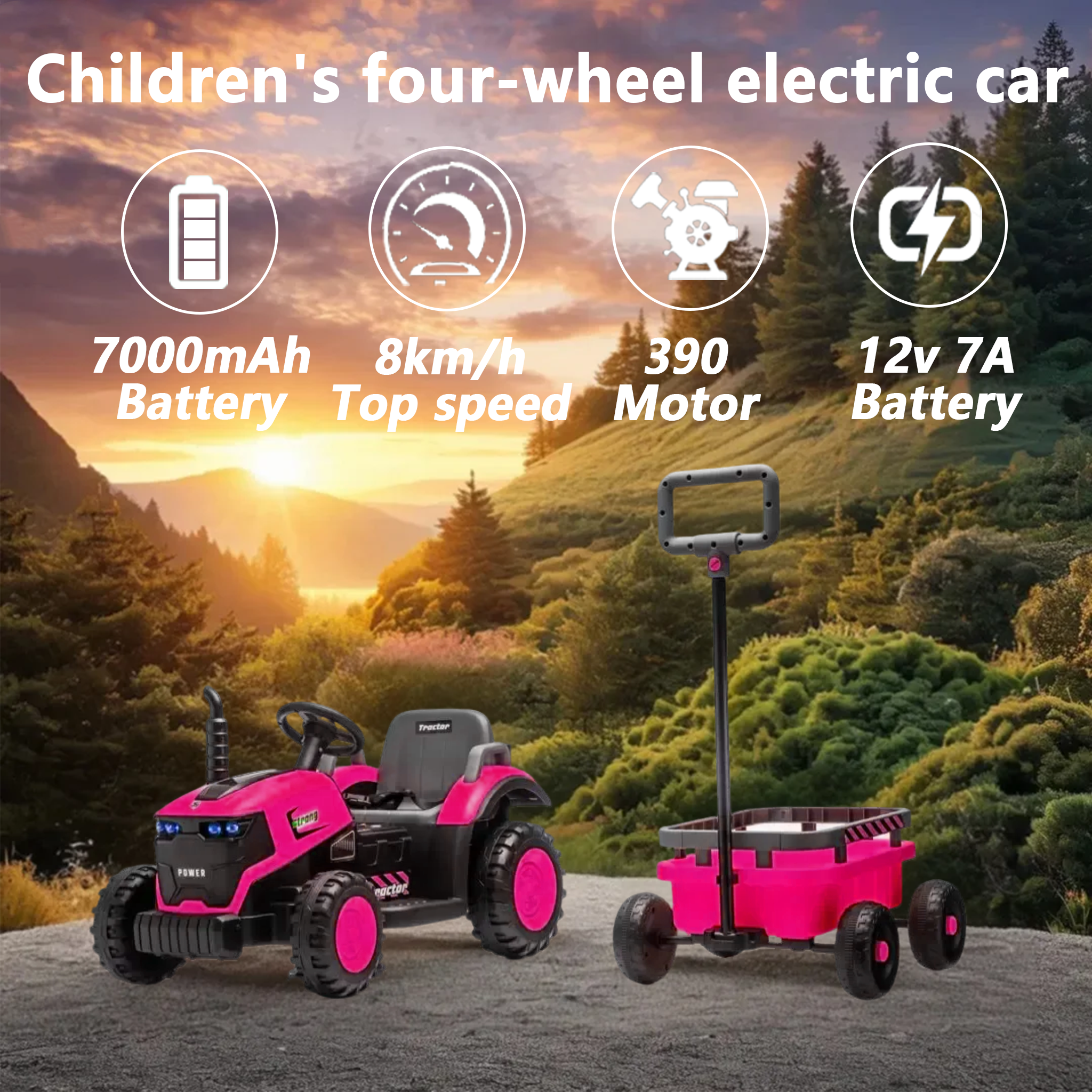Children's four-wheel electric car

- 7000mAh Battery
- 8km/h Top speed
- 390 Motor
- 12v 7A Battery