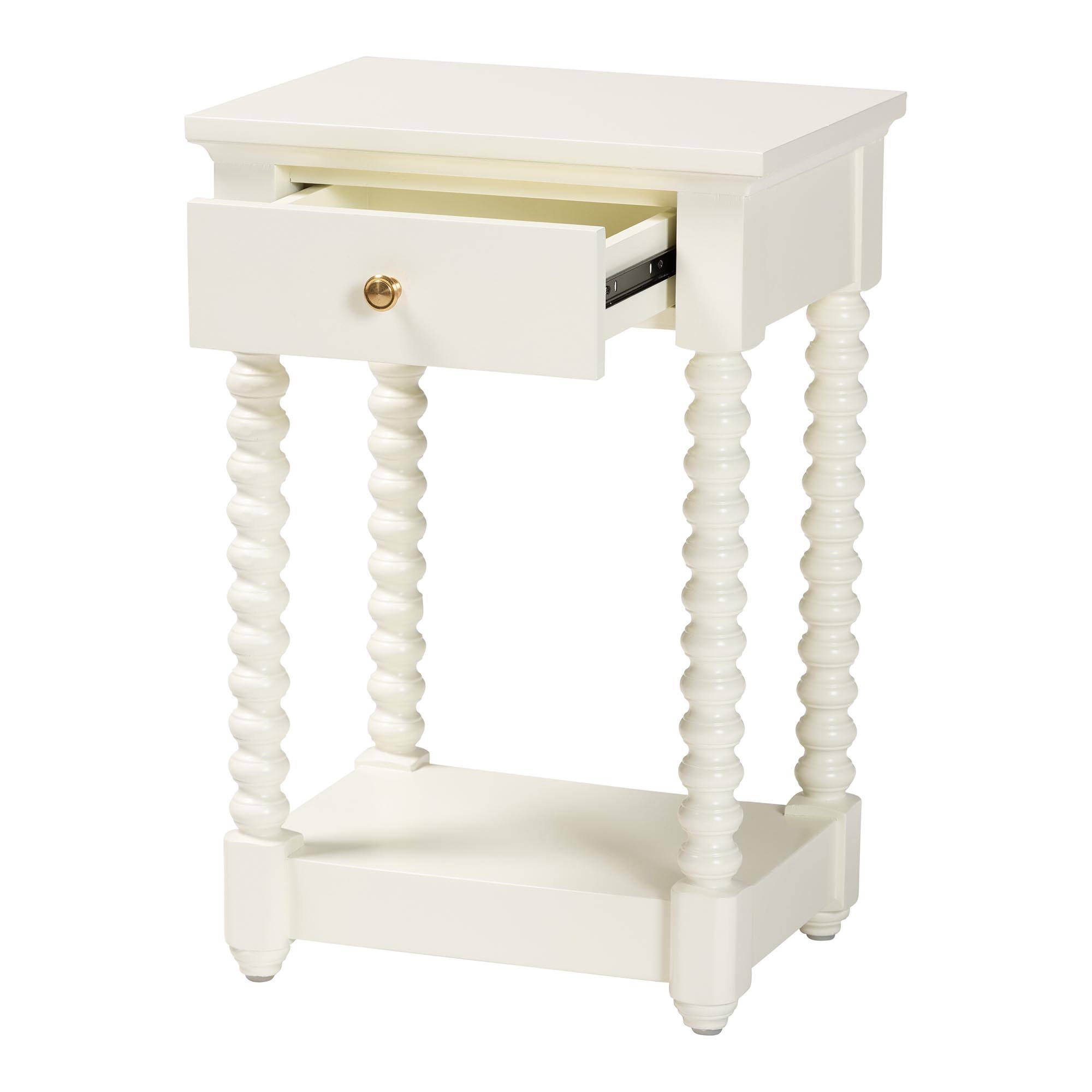 Angle. bali & pari - Baxton Studio Terentia Nightstand with Bobbin Legs - 1-Drawer Bedroom Side Table with Storage Shelf, White - White.